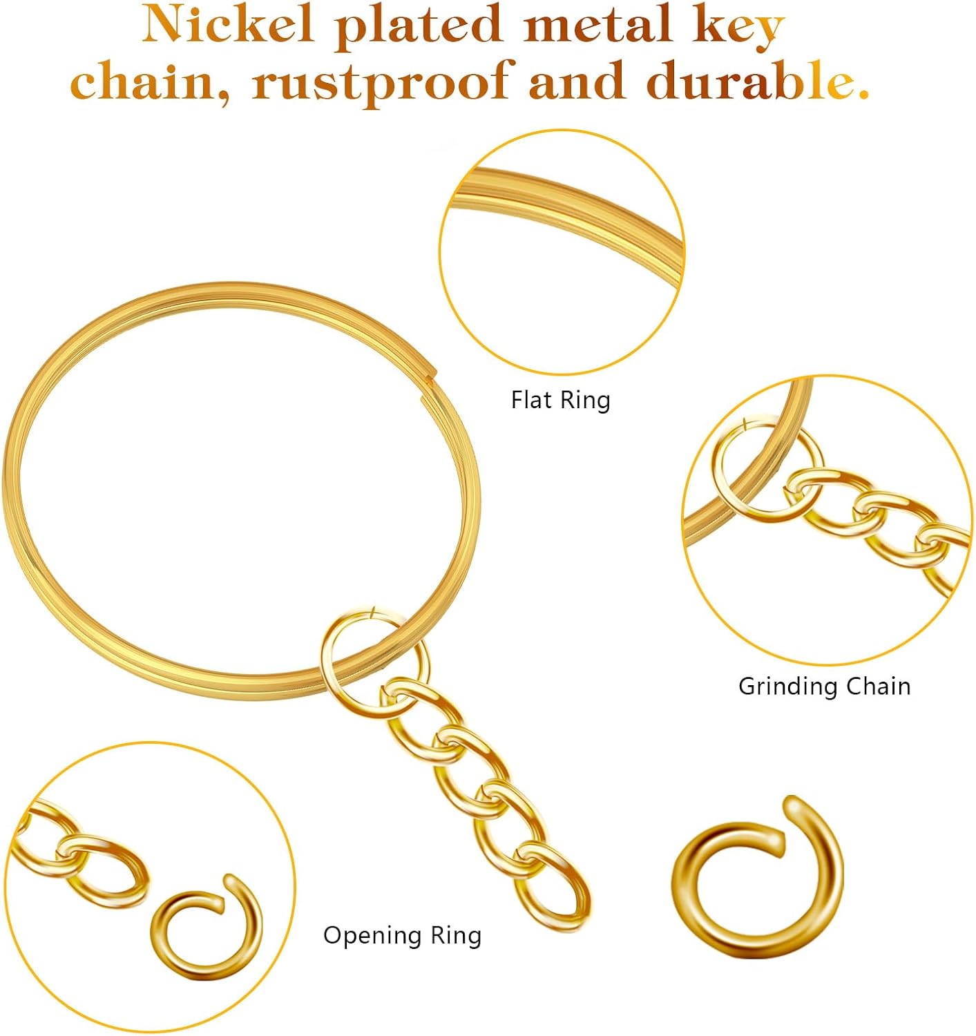 Detalle 2 de AiQInu 100 Pezzi Anelli Portachiavi con Catena 25 mm – Dorato, con Anello Divisorio e Catenella da 23 mm