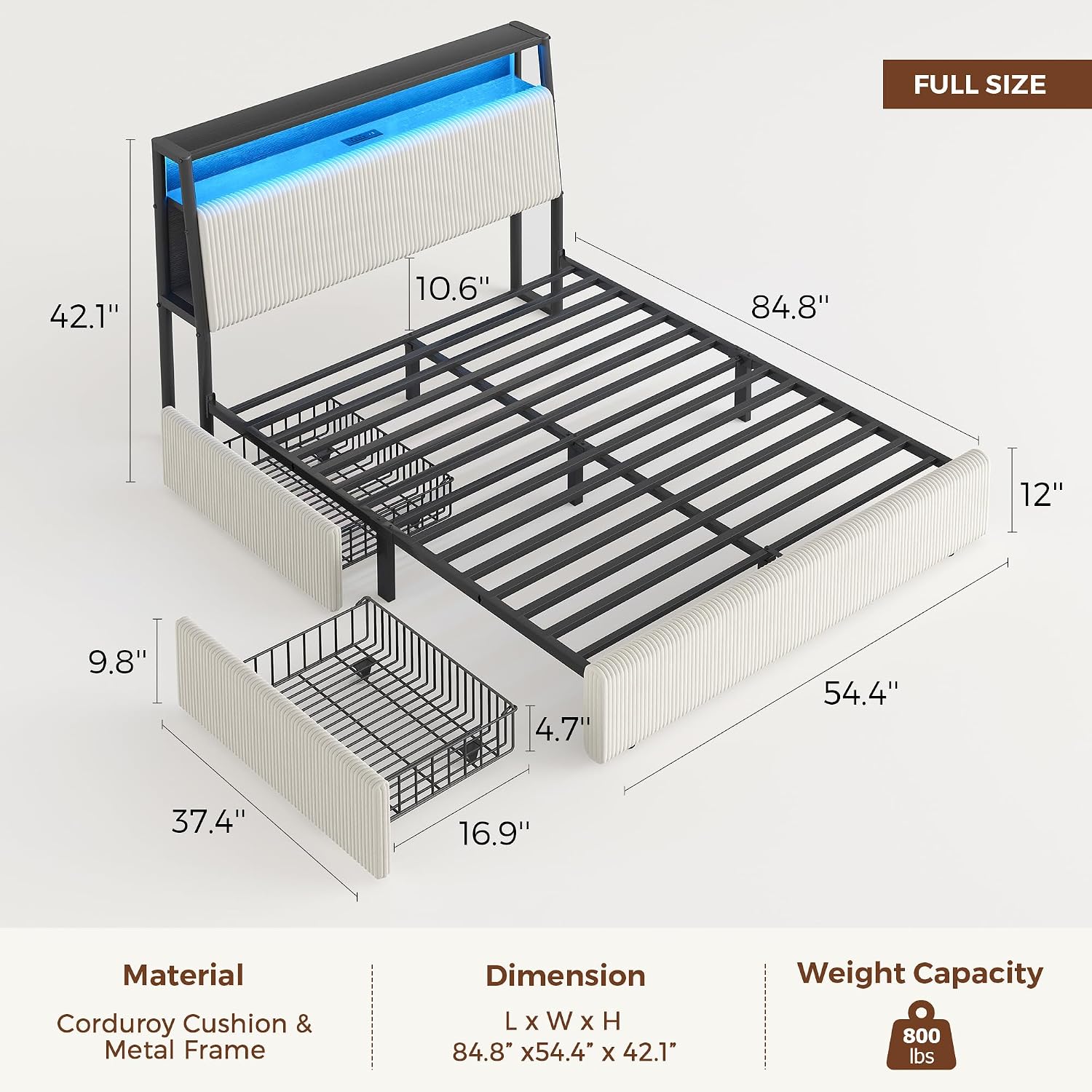 Detalle 2 de Full LED Bed Frame with Corduroy Upholstery