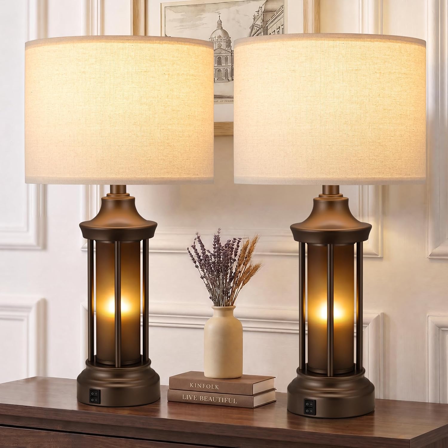 Detalle de Seealle jinshudeng2-2 Table Lamps, Set of 2, 24-Inch with Linen Shades and Dual Lighting
