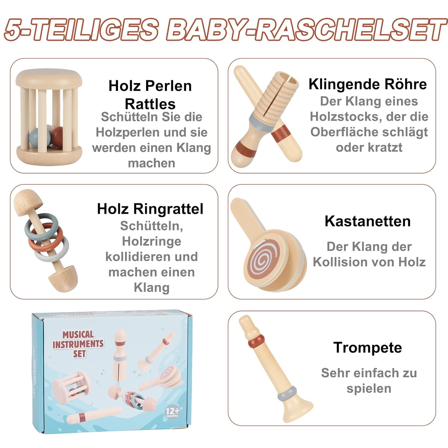 Thumbnail 2 de Lixstyea 6er Set Montessori Holz Baby-Rasseln – Musik-Sonajeros aus Holz für Babys & Kleinkinder (Farbe 2)