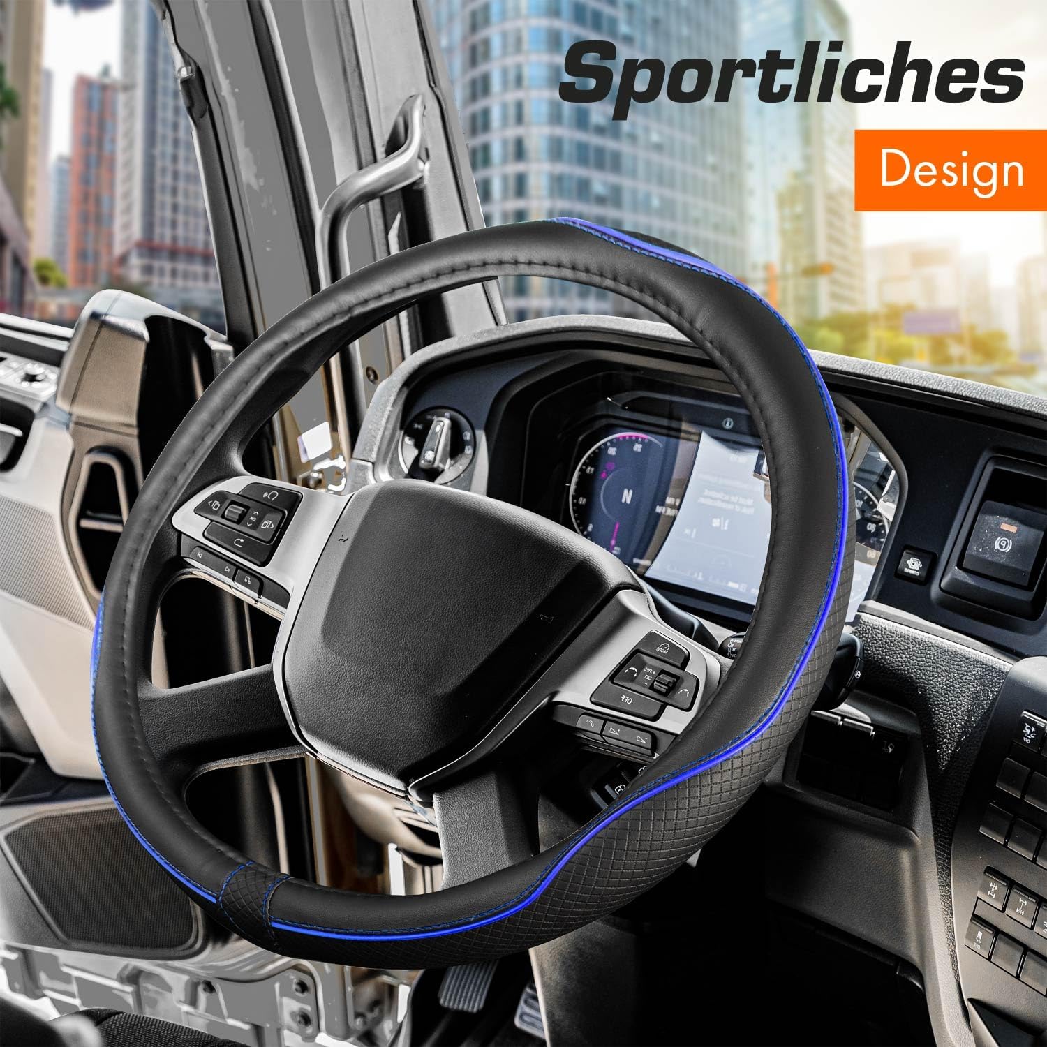 Detalle de Upgrade4cars LKW Lenkradbezug Blau 44-46 cm – Universal, atmungsaktives Kunstleder, rutschfeste Rückseite