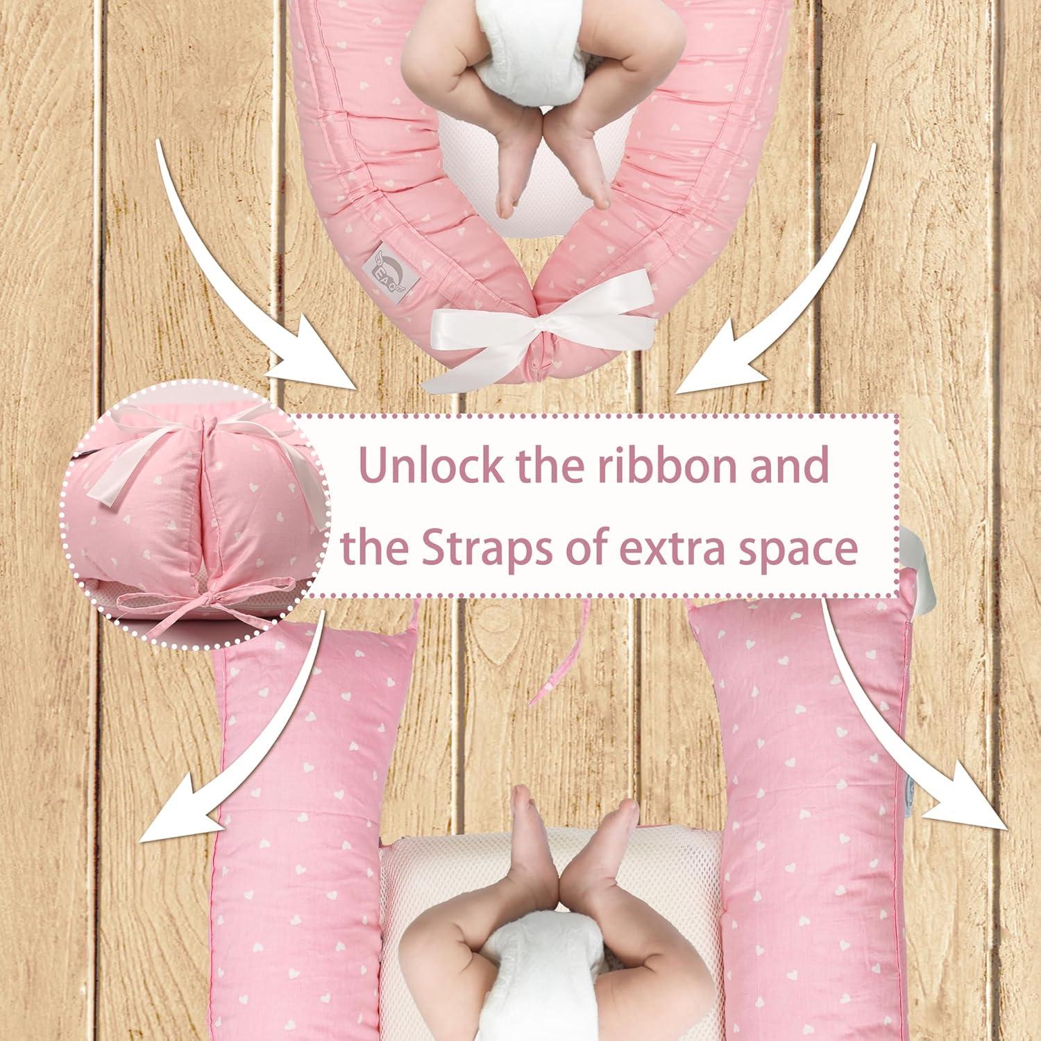 Thumbnail 5 de EAQ Baby Nest Pod Girl – Soft breathable 100% cotton sleep pod for napping or travel (Pink)