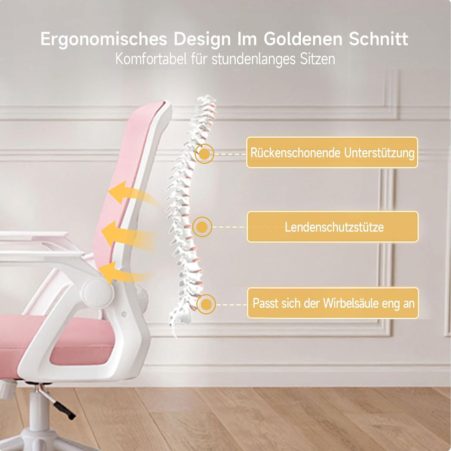 Detalle de nas paluro Bürostuhl Ergonomisch mit Hochklappbaren Armlehnen Rosa – Netzrücken, Lordosenstütze und verstellbare Höhe
