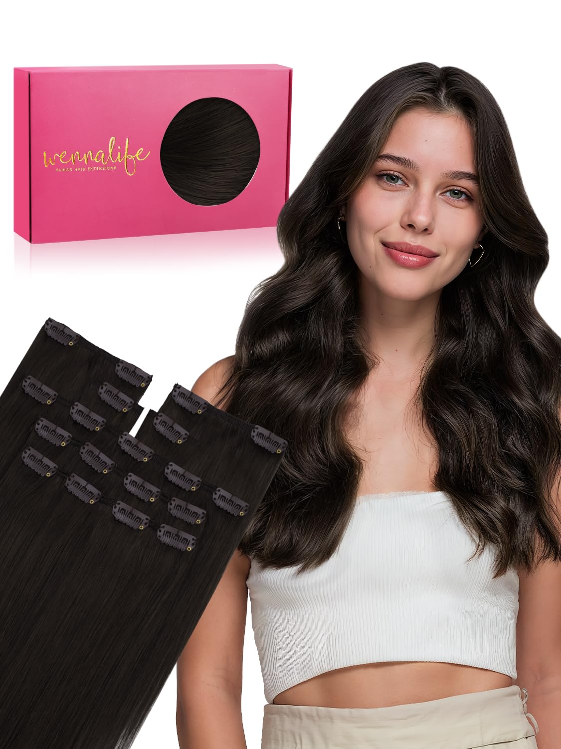 Detalle de WENNALIFE Clip-in Echthaar-Extensions Dunkelbraun (#2), 7-tlg, 55 g mit Clips