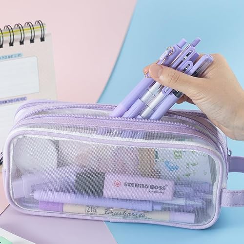 Detalle de Deyaah Large Clear Mesh Pencil Case Pouch – 2 Compartment, Transparent & Multifunctional