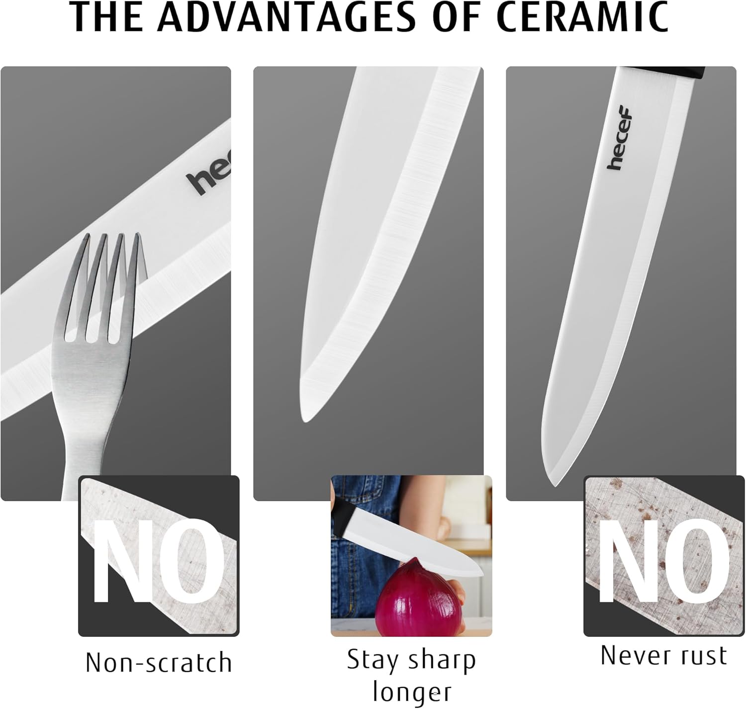 Thumbnail 6 de Set de couteaux en céramique hecef (3 pièces) : couteau de chef 30 cm, couteau à fruits 4" et couteau d’office 3" – blanc