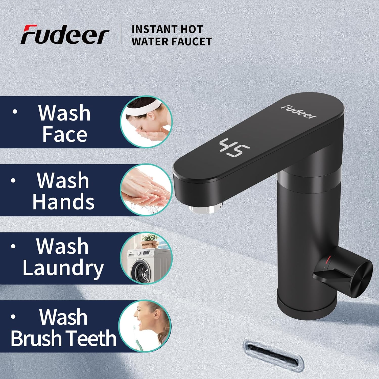 Thumbnail 2 de Fudeer 220V Electric Instant Hot Water Tap (3.3kW) – 120° Rotating, 30–45°C Digital Display, Black