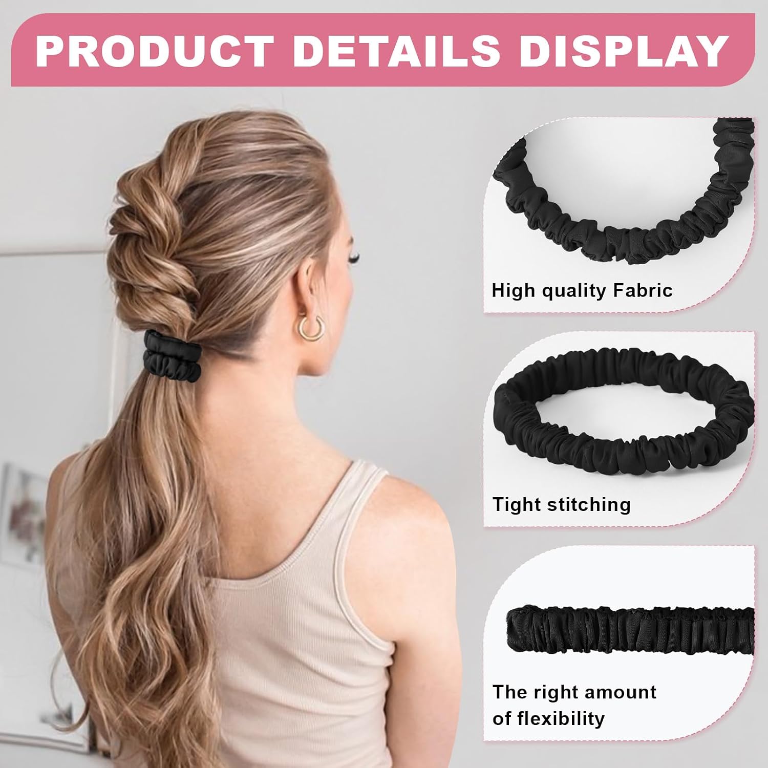 Detalle 2 de 6Pcs Mulberry Silk Slip Skinny Hair Scrunchies (22 Momme) — 2-Color Ponytail Holders for Women & Girls, Color 02