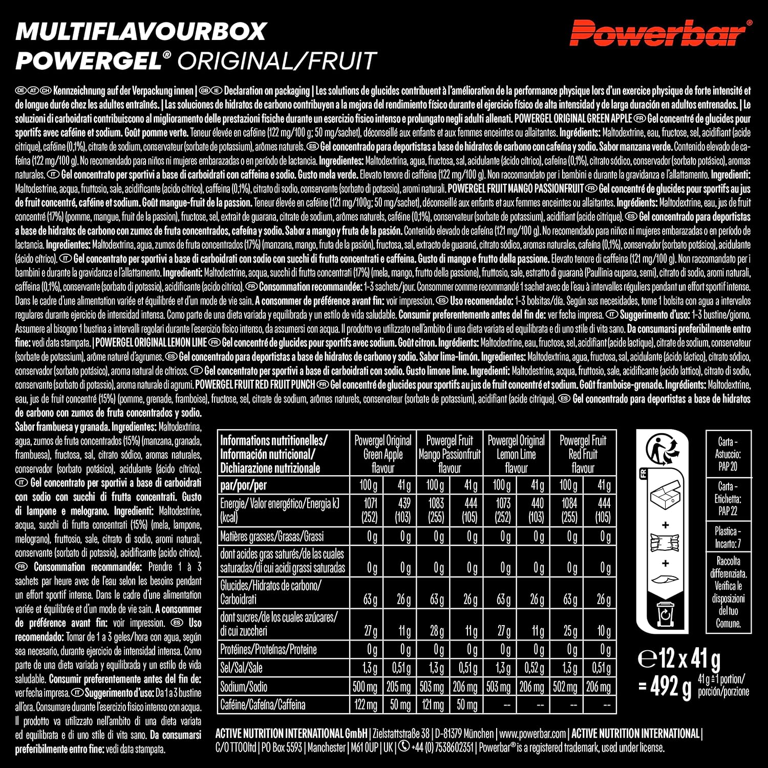 Detalle de Powerbar PowerGel Multiflavour Box – 12x41 g, High Carb Energie Gel mit 2:1 Glukose/Fruktose, koffeinhaltig, vegan