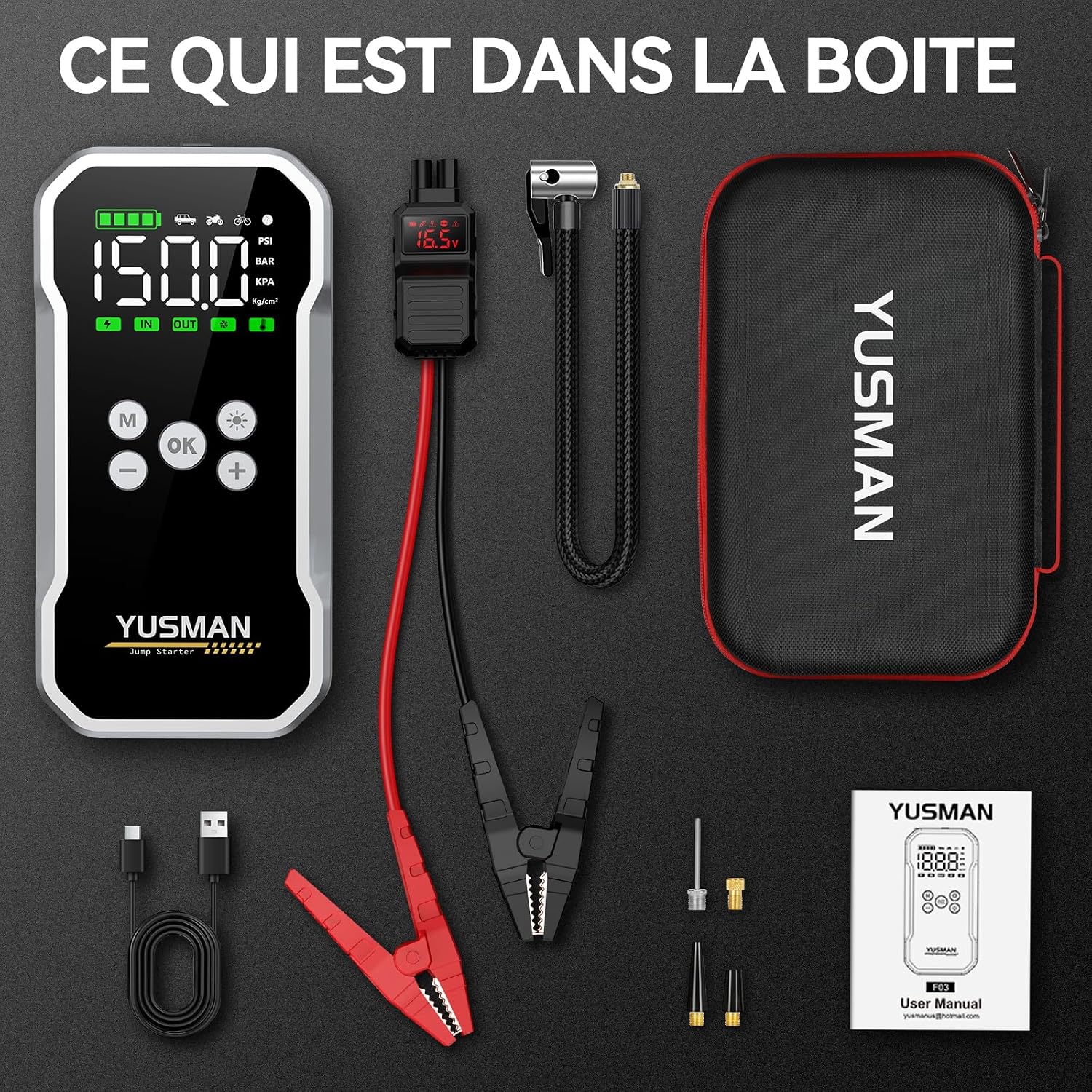 Thumbnail 6 de YUSMAN Booster Batterie Voiture 6000A avec compresseur 150 PSI (12V) – démarrage portable + power bank 15800 mAh