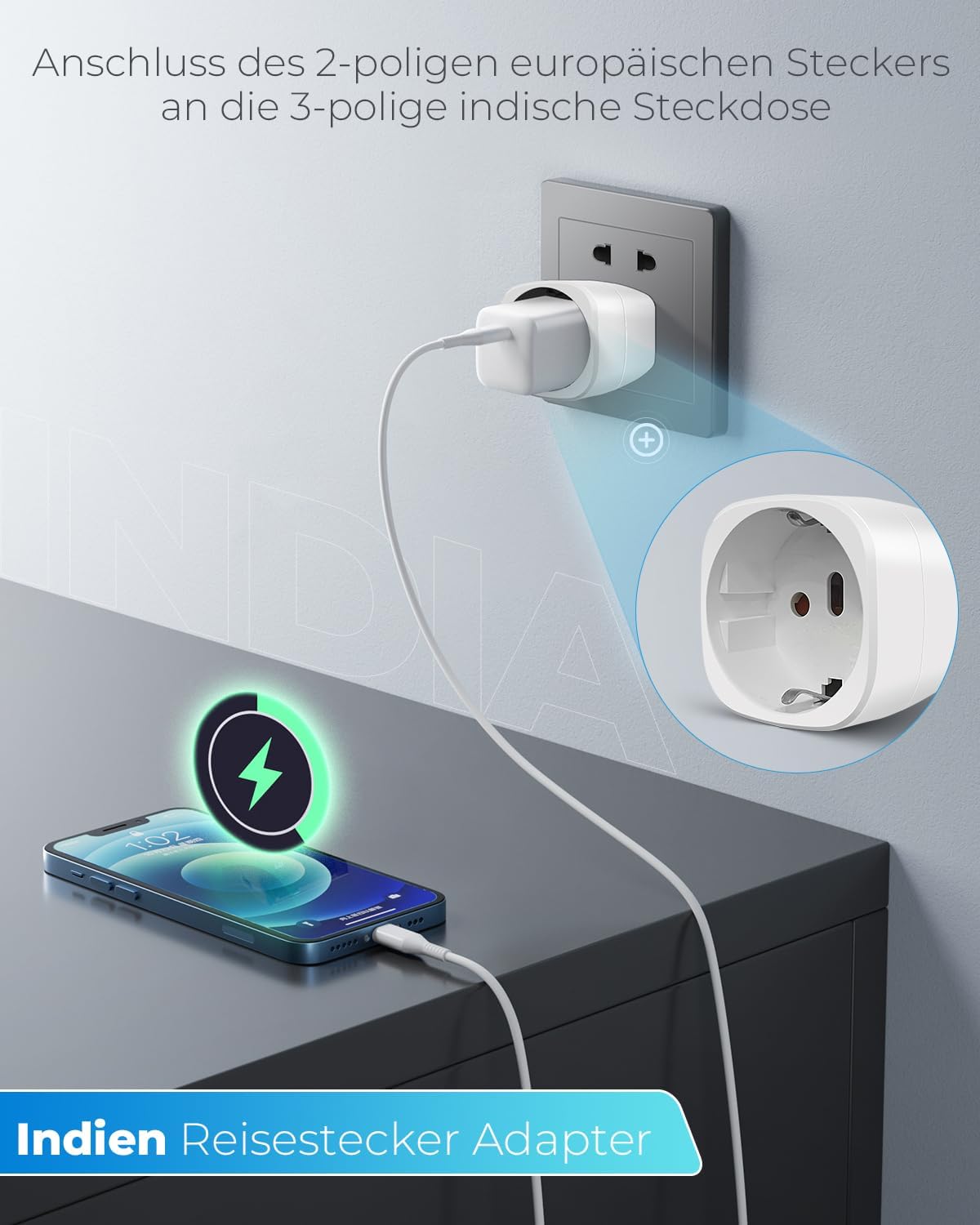 Detalle de Reiseadapter Indien – 2er-Set Typ D (EU-Stecker auf Indien)