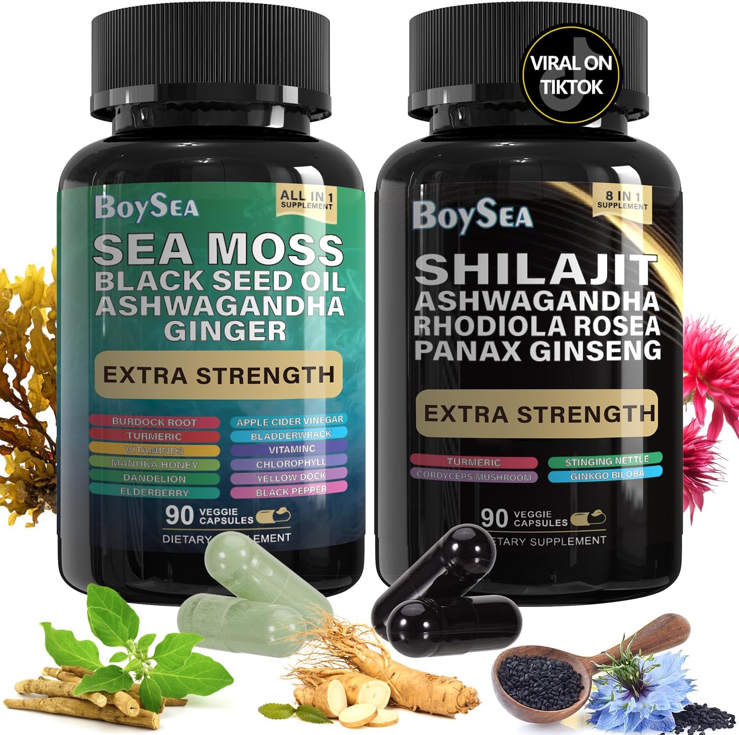Detalle de Boysea Shilajit and Sea Moss Supplement Bundle, 180 Count, Multi-Ingredient