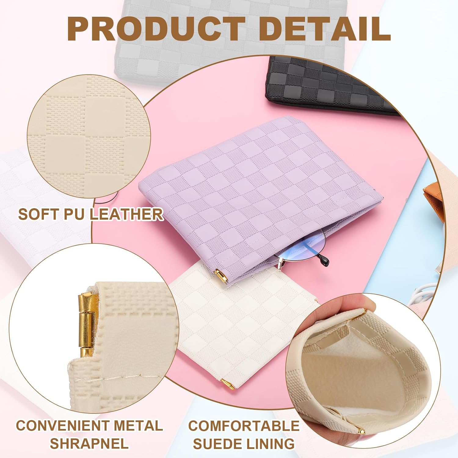 Thumbnail 2 de PATIKIL Small Snap Closure Pouches for Purse: Purple Leather Checkered Makeup Bags, 2 Sizes