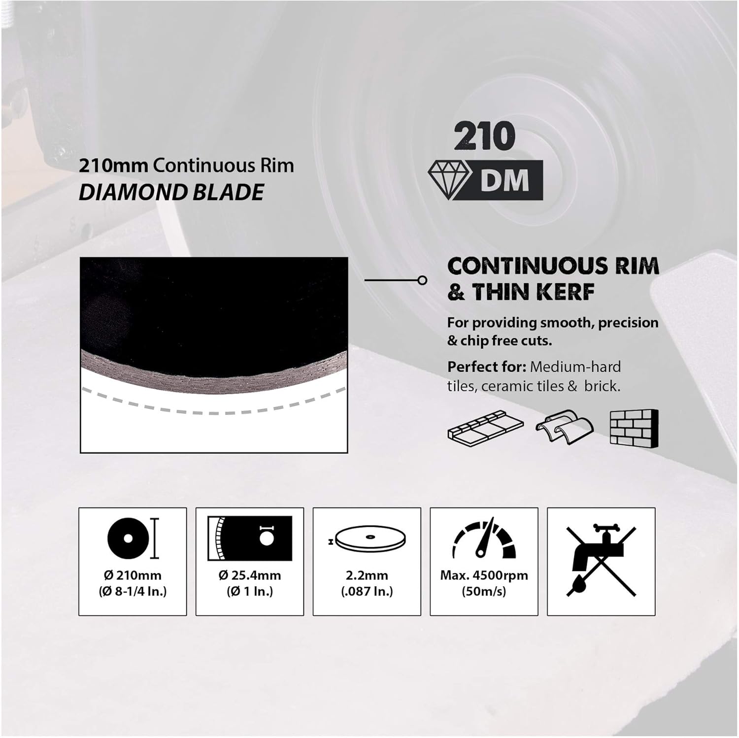 Detalle 2 de Evolution Power Tools Diamond Blade, 210 mm — adaptée pour tuiles et ardoise