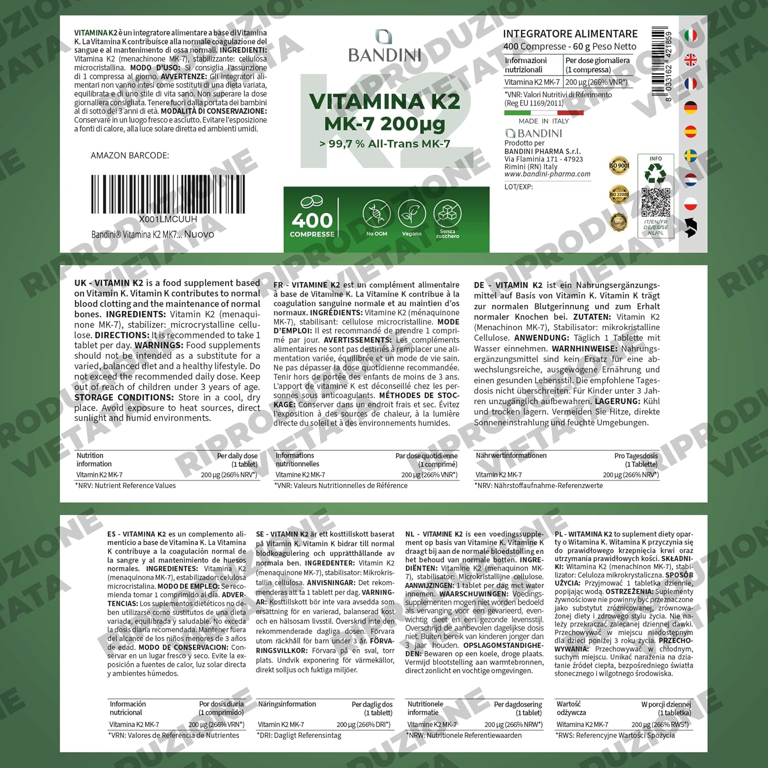 Detalle 1 de BANDINI Vitamine K2 MK7 200 µg, 400 tabletten, vegan