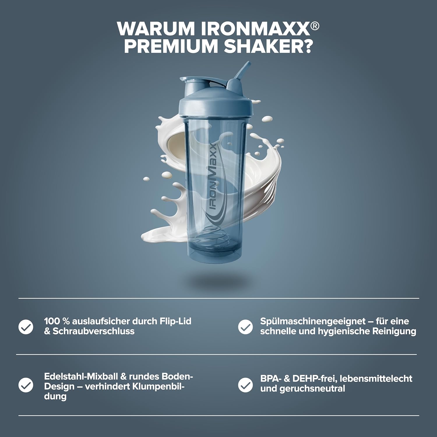 Detalle de IronMaxx Premium Shaker – Kyanite Blue 700 ml: Auslaufsicher, BPA-frei, mit Siebkugel und Dosierungsskala