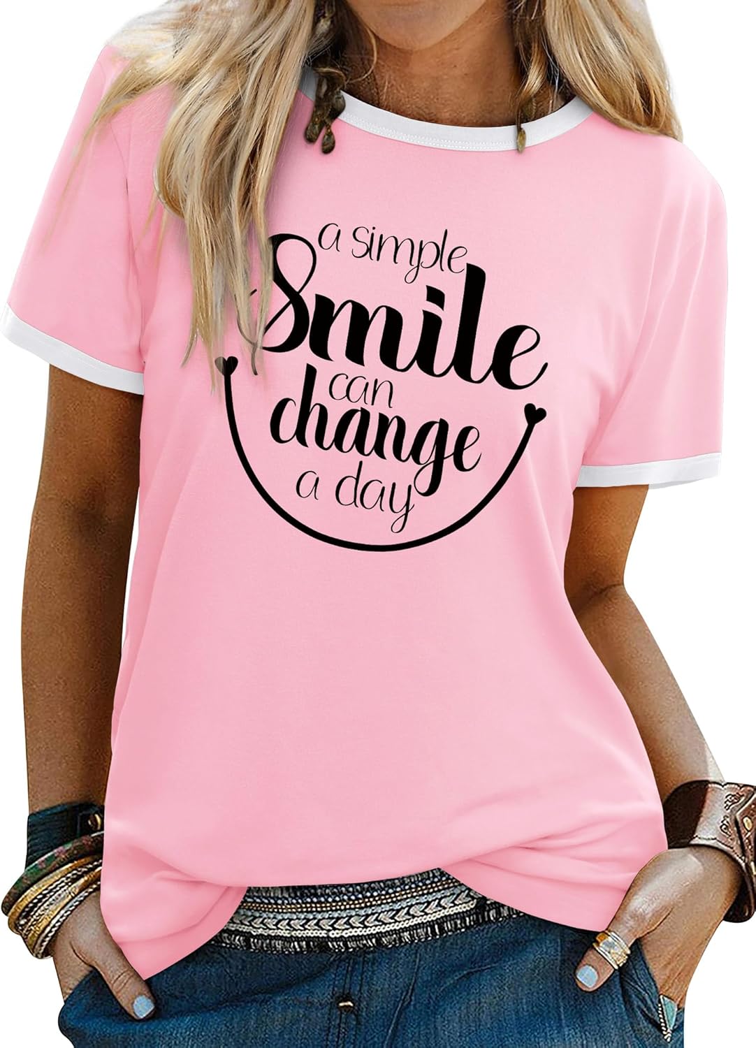 Detalle de WIEIYM Women Round Neck Short Sleeve T-Shirt – Smile Graphic Print Casual Tee