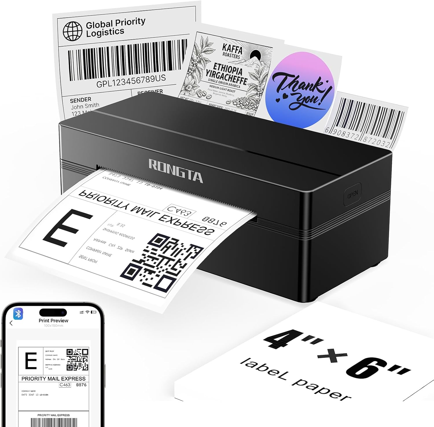 Rongta RP425 Bluetooth Wireless 4x6 Thermal Shipping Label Printer for iOS and Android