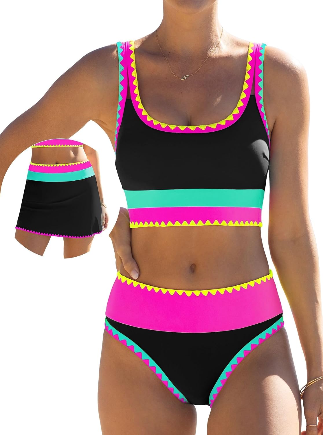 Detalle de popvil High Waisted Bikini Sets for Women Tummy Control (3-Piece Neon Swimsuits with Skirt)