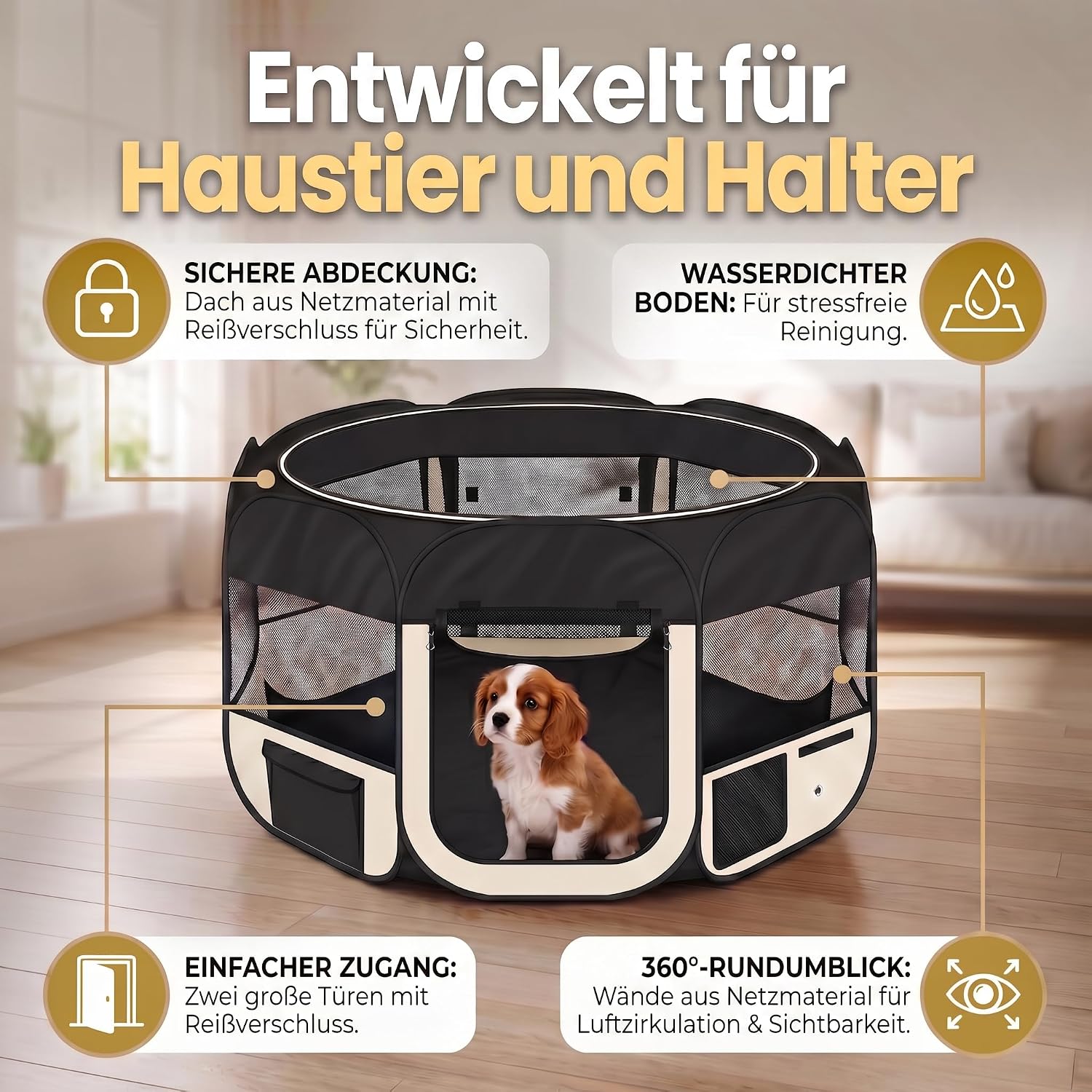 Detalle de all Pets United Welpen-Laufstall / Tierlaufstall XXL für drinnen & draußen (Schwarz-Beige)