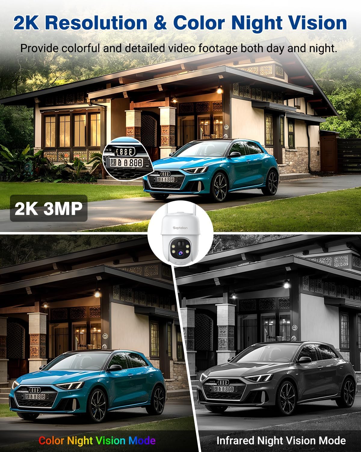 Thumbnail 2 de Septekon 2K Solar Security Cameras Wireless Outdoor with 360° PTZ, Battery-Powered, IP66, 2.4G WiFi