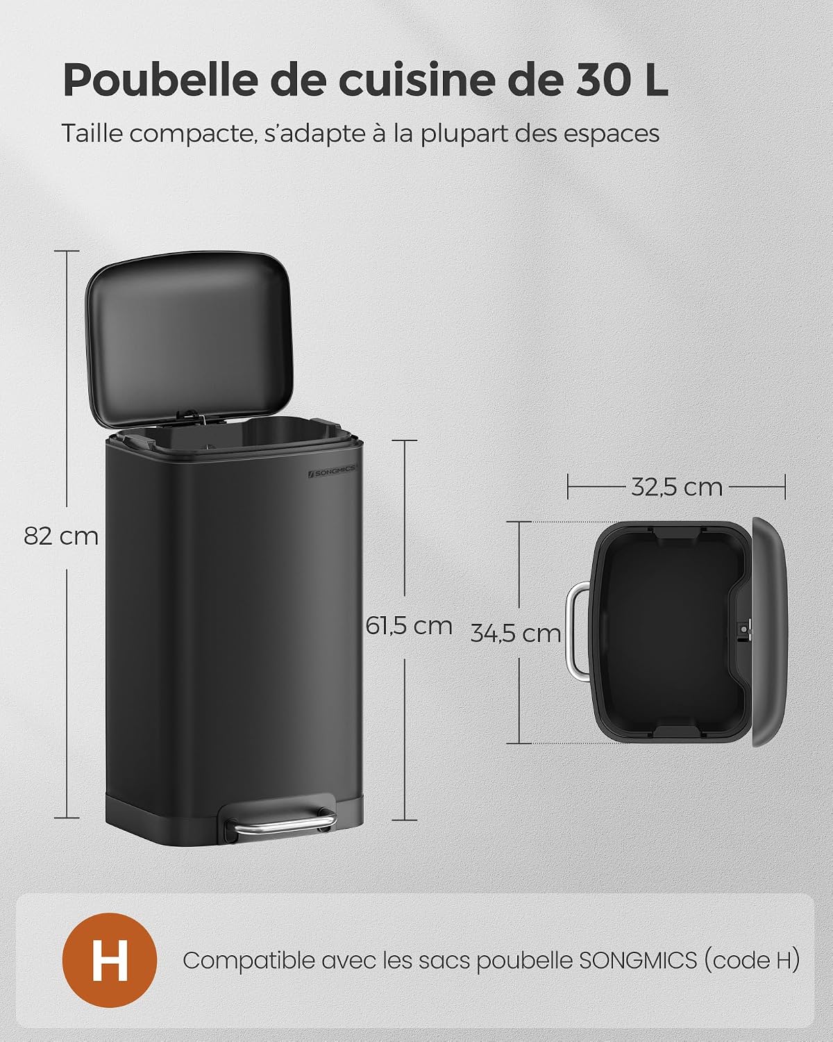 Thumbnail 5 de SONGMICS Poubelle 30L noir avec pédale en acier