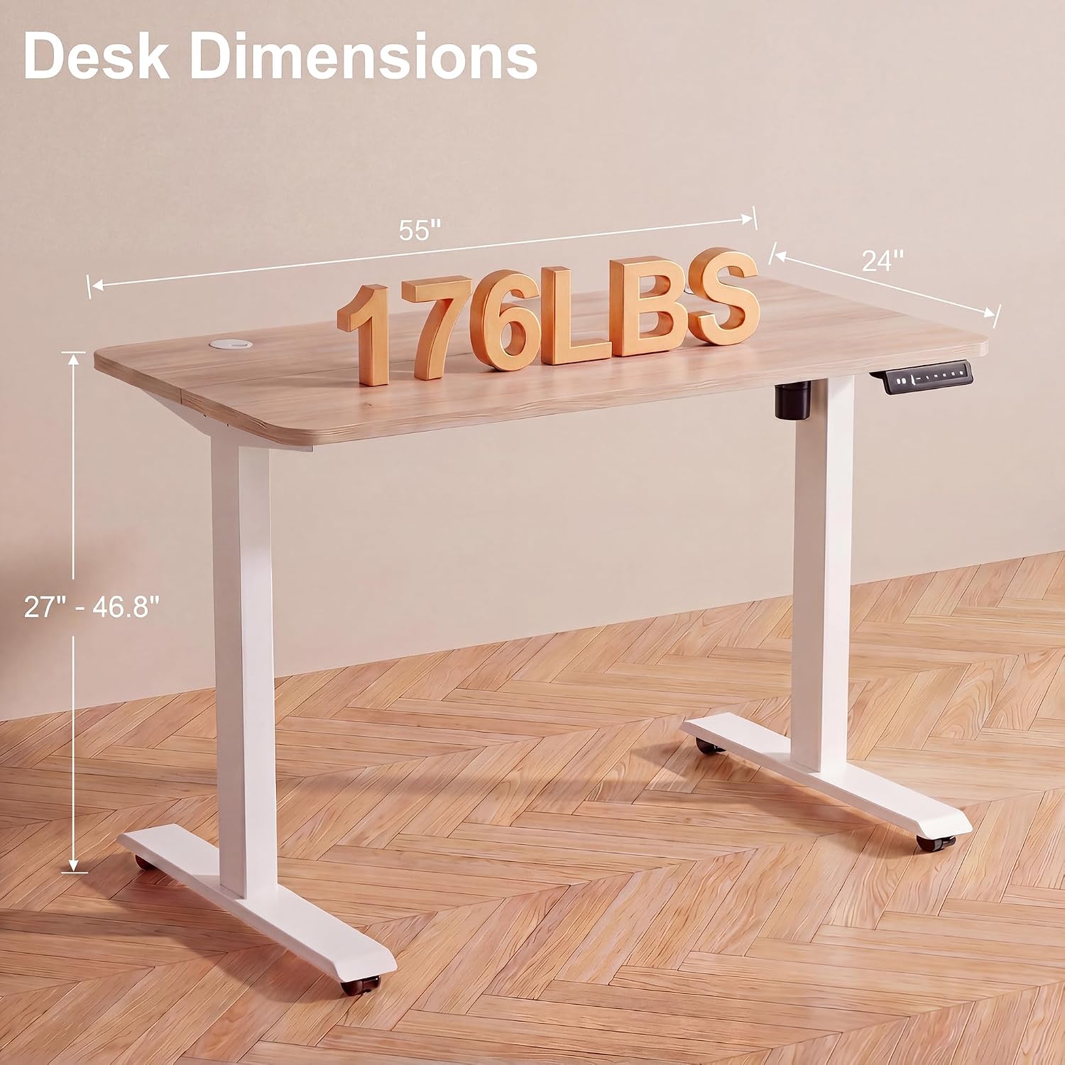 Detalle de KORGOL AMG Electric Standing Desk, 55" x 24", Oak, Outlets & 4 Presets