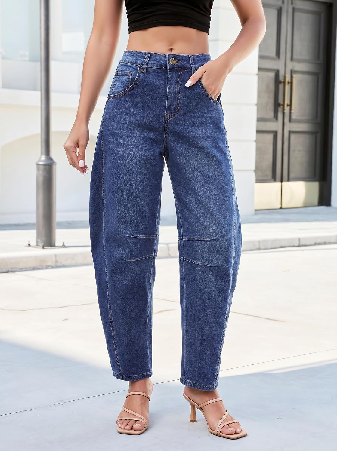 Detalle 2 de GRAPENT Barrel Jeans for Women: High-Waisted, Wide-Leg Cropped Denim
