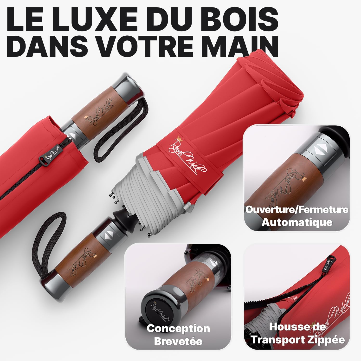 Thumbnail 2 de Royal Walk Parapluie de poche résistant au vent, automatique, double toit et poignée en bois (L, rouge)