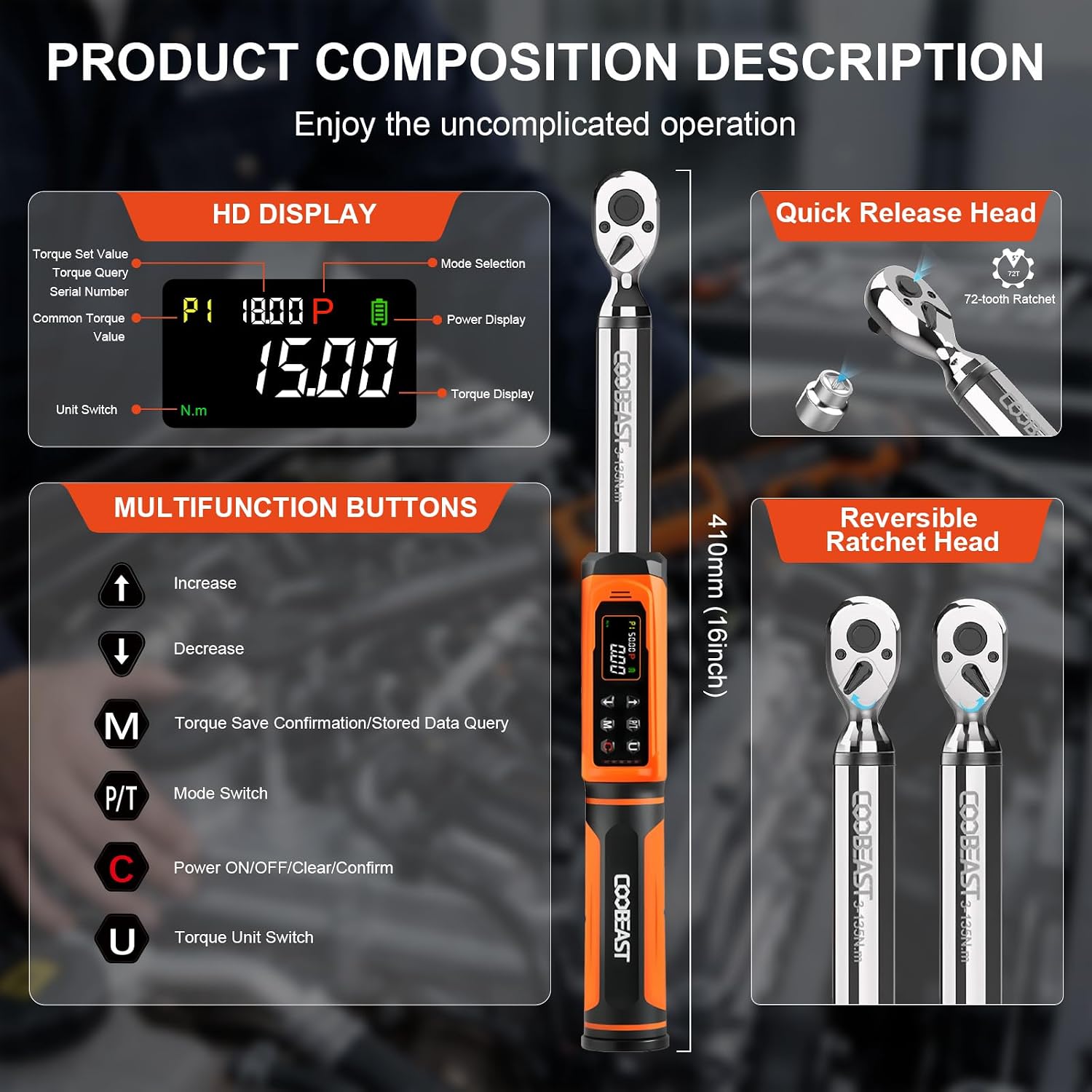 Detalle de coobeast 3-135NM Digital Torque Wrench, 3/8-Inch Drive, 1.5–99.5 ft-lb