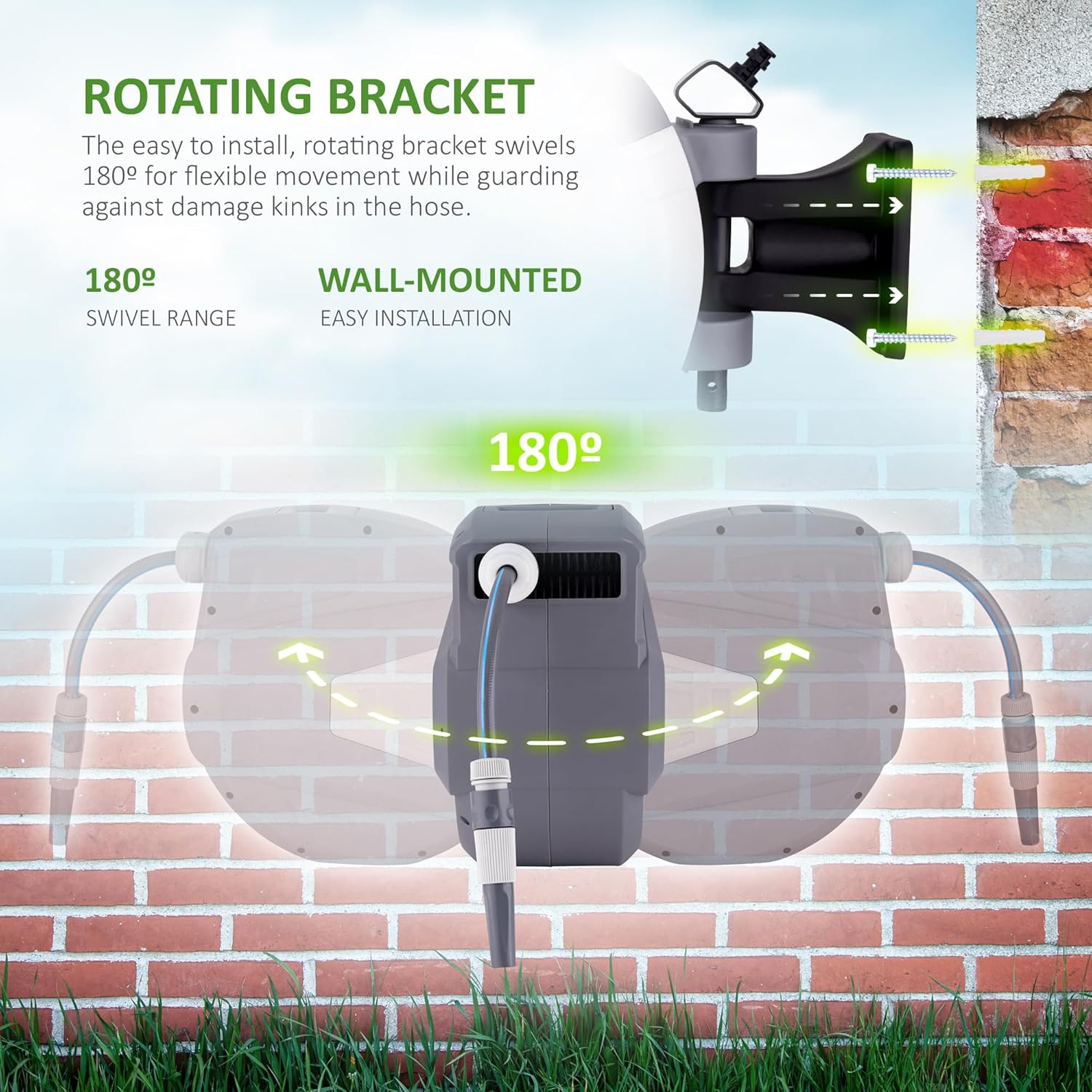 Thumbnail 2 de NETTA Hose Reel 20m – Wall Mounted with Auto Rewind, 180° Swivel and 9-Function Spray Gun