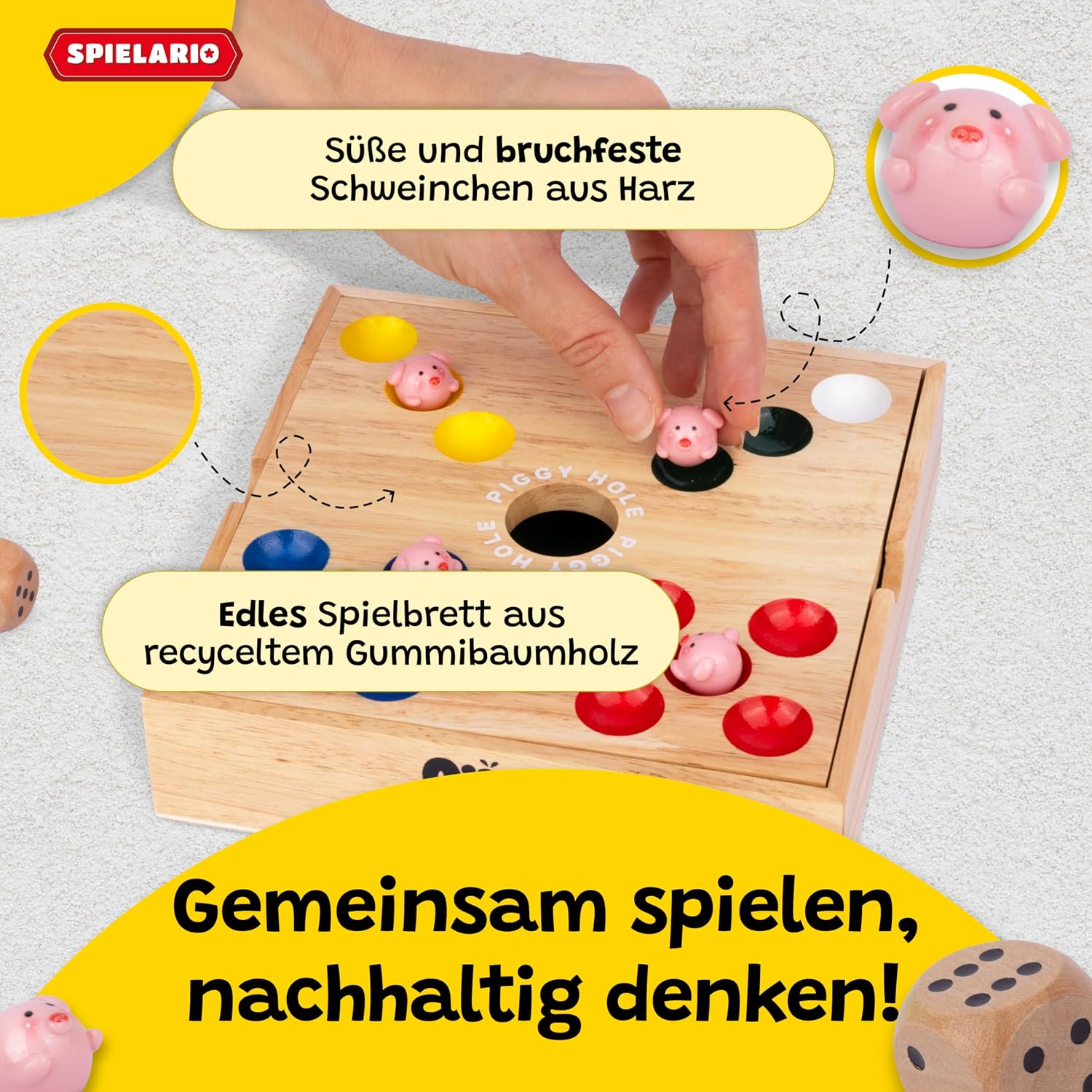 Detalle 2 de OINK und Weg – Schweinchen Spiel Holz (Big Hole Familienspiel zum taktischen Würfeln)