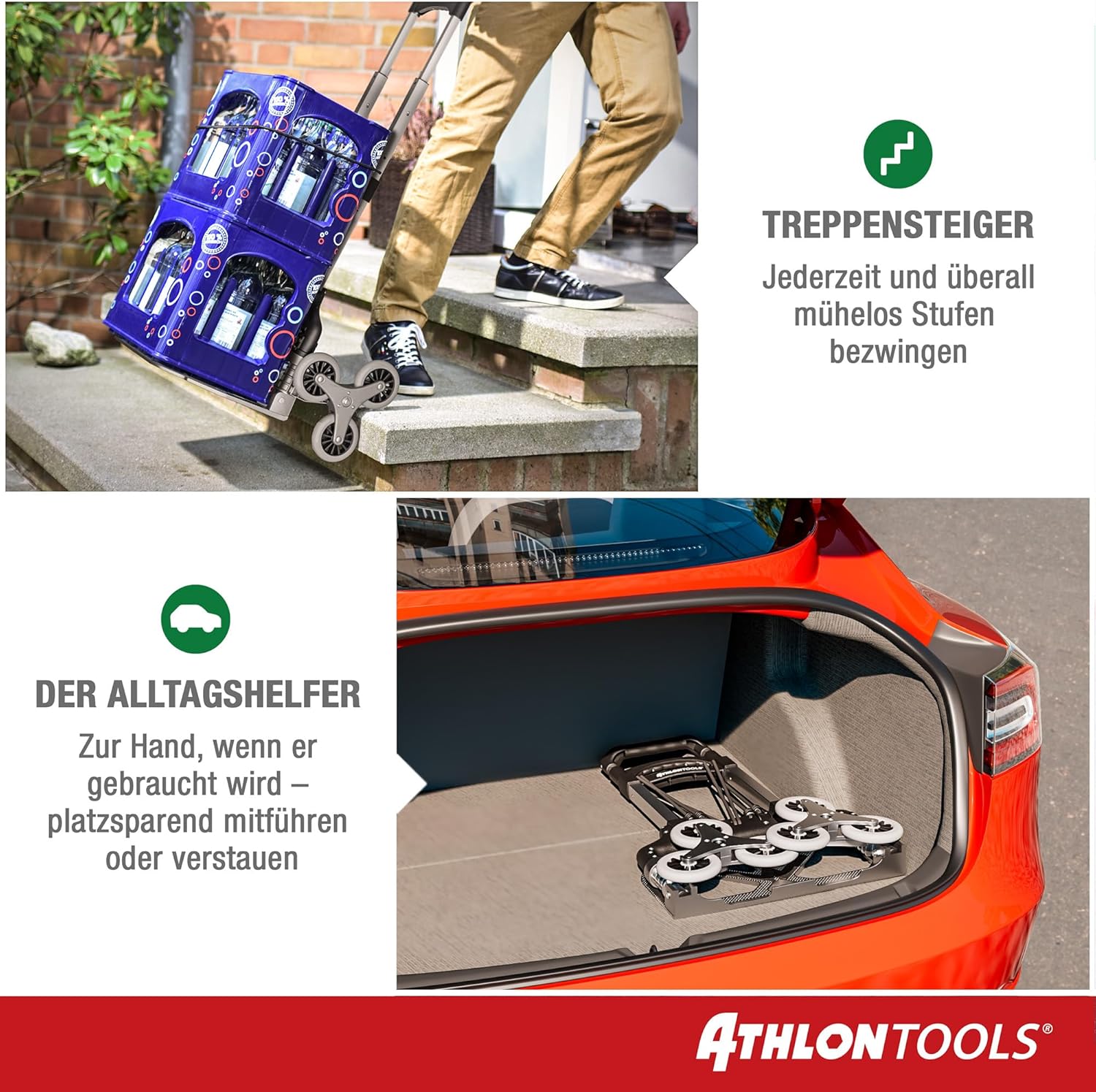 Thumbnail 5 de ATHLON TOOLS Treppensteiger Sackkarre klappbar – Aluminium, TÜV geprüft, 110 cm Griff, Ladefläche 39×28 cm