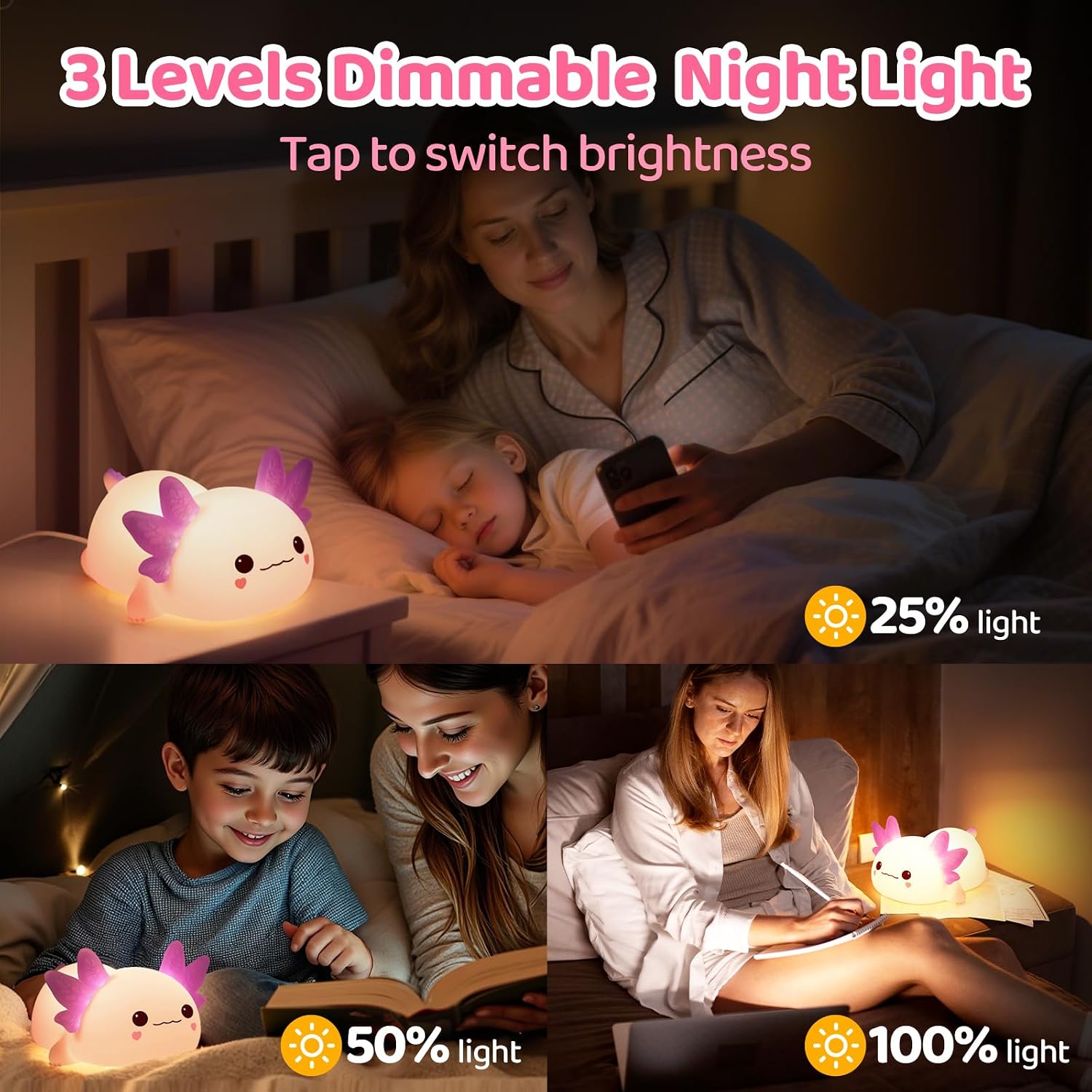 Detalle de MeWaii Axolotl Lampe Veilleuse en silicone tactile rechargeable (3 niveaux, 4 sons apaisants)