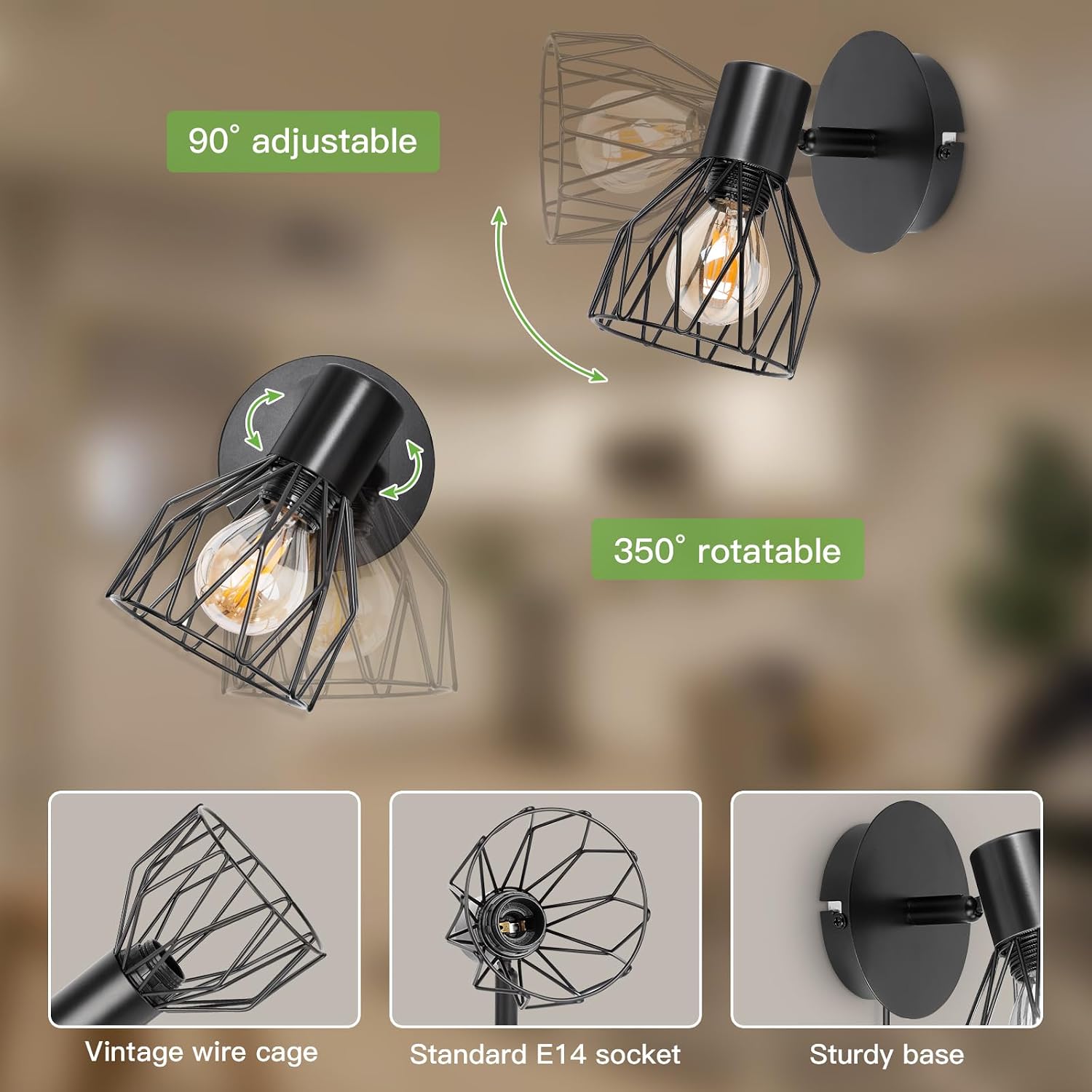Detalle de Kimjo D0597 Retro-Raster wandlamp, zwart met draaibare E14-spot