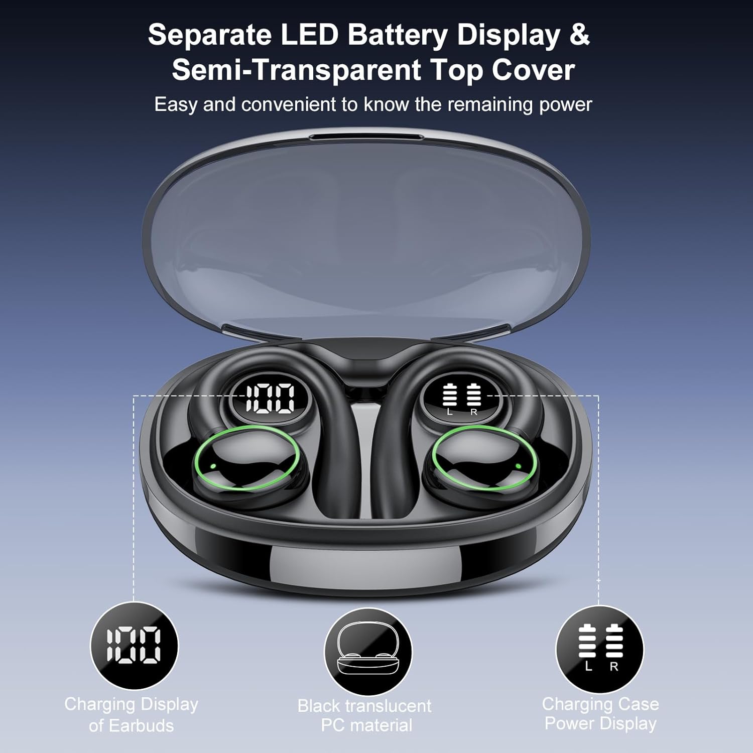 Thumbnail 5 de Wireless Earbuds Bluetooth 5.4 Sport Headphones with ENC Mic, 48H Battery, Earhooks, IP7 Waterproof (Black)