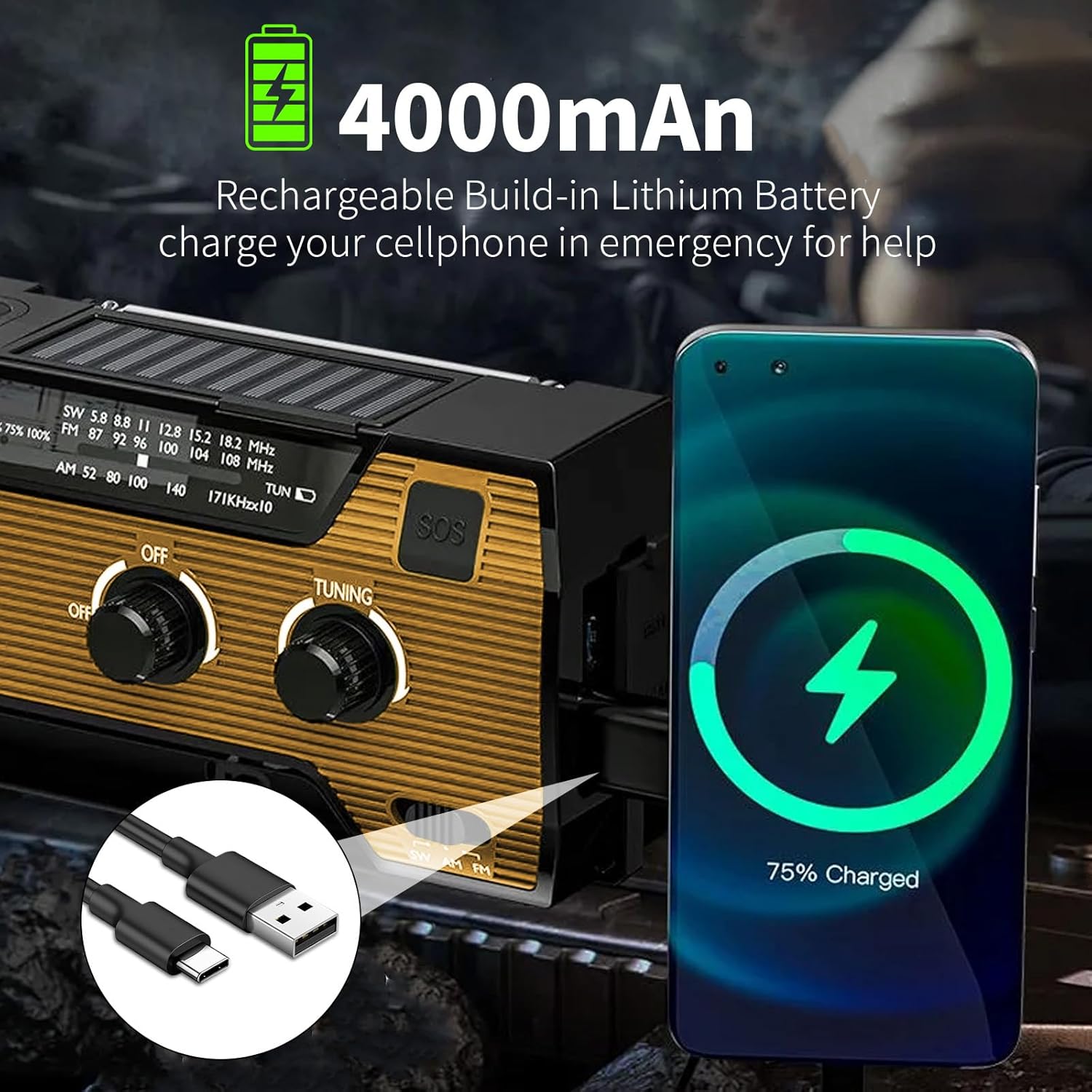 Thumbnail 5 de SOLARBABY Wind Up Solar Radio — AM/FM Weather Emergency Crank Radio with LED Torch and 4000 mAh Battery (Orange)
