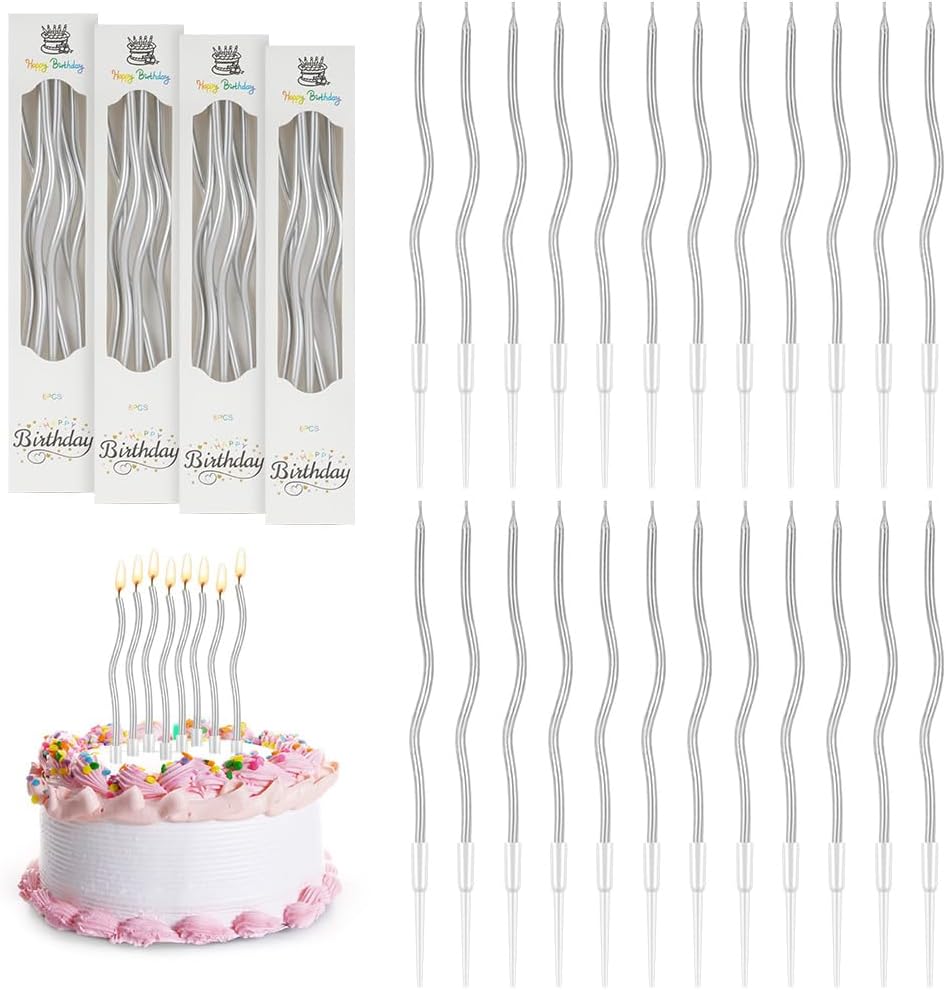 Detalle de URAQT 24 Twisty Spiral Birthday Candles (Metallic) with Holders – Silver