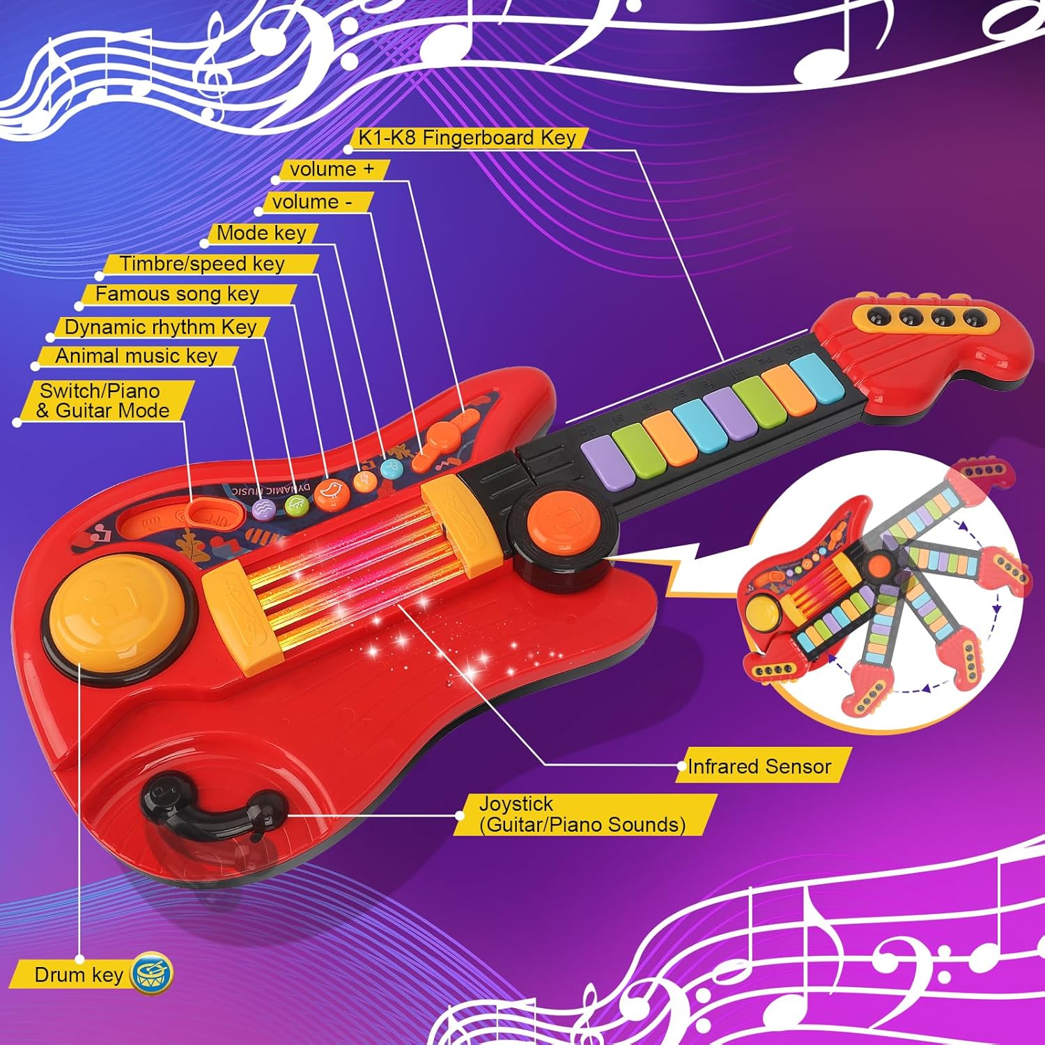 Thumbnail 4 de Chitarra Giocattolo 2-in-1 con Modalità Pianoforte per Bambini (Rosso) – Stimola musica, coordinazione e creatività