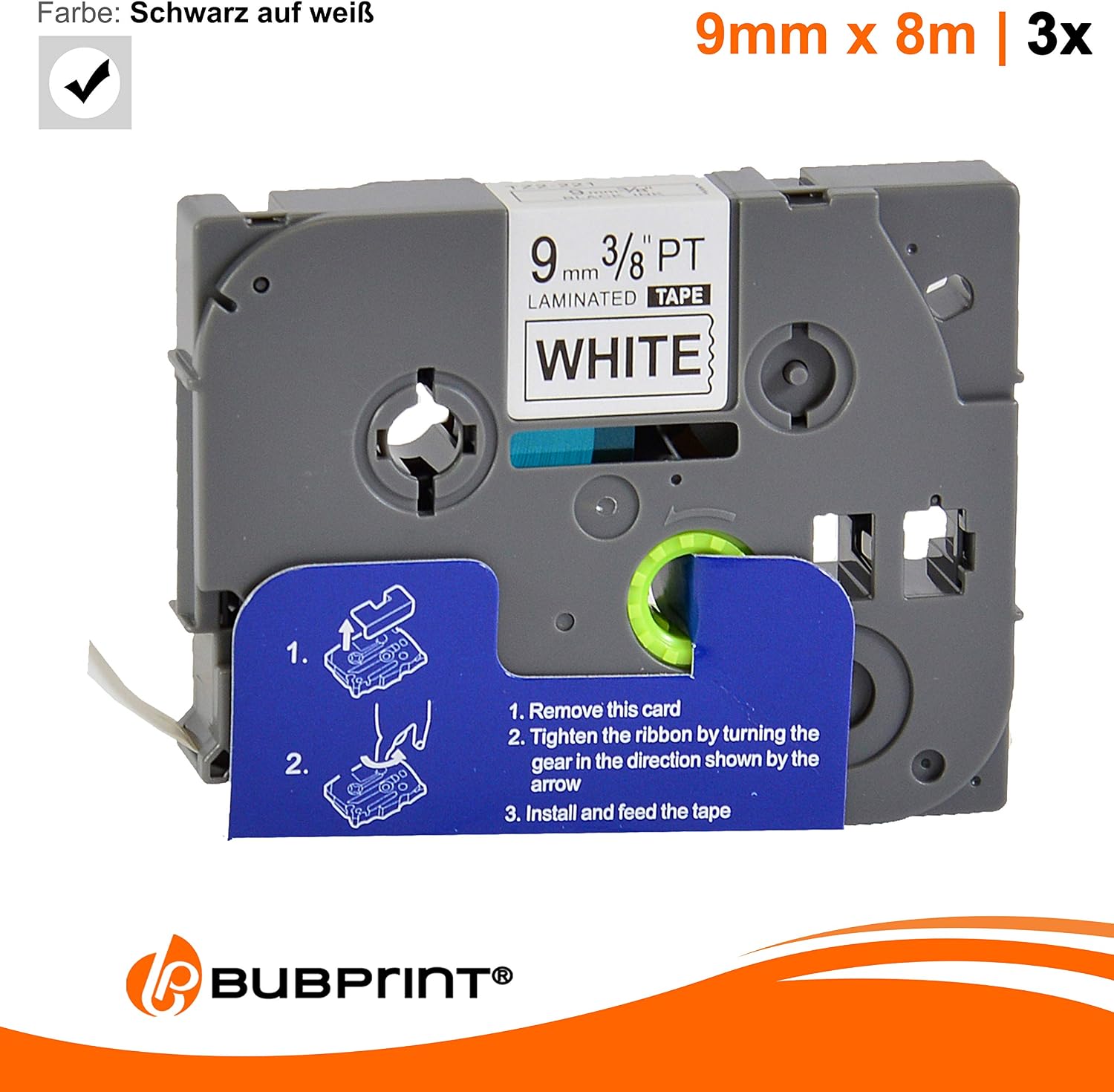 Detalle 2 de Bubprint TZe-221-kompatibla etikettband, 9 mm, svart på vitt, laminerade