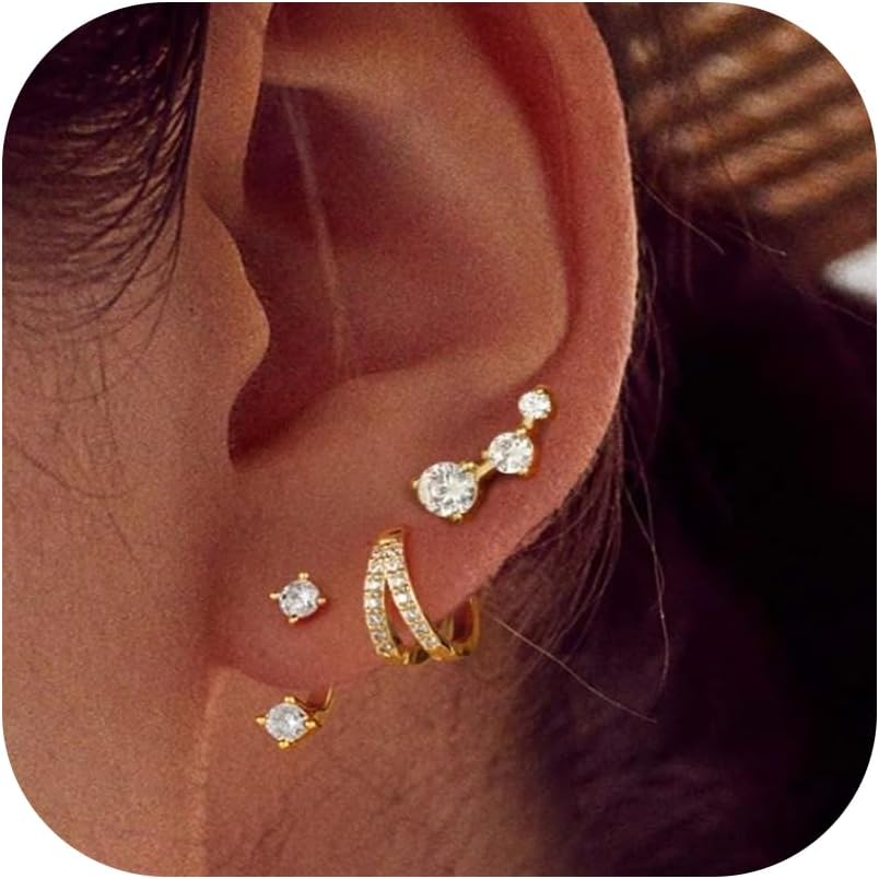 MACACHII 3-Pair Sterling Silver & 14K Gold Plated Earrings Set for Women