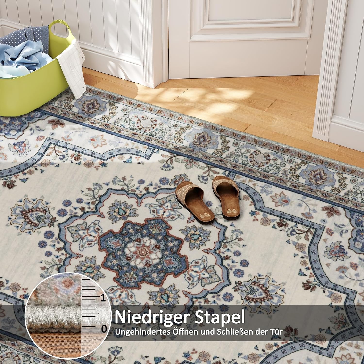 Thumbnail 2 de MAST DOO Teppich Wohnzimmer 140x200 cm – Boho Blumen Kurzflor, Waschbar, Blau-Weiß, rutschfest