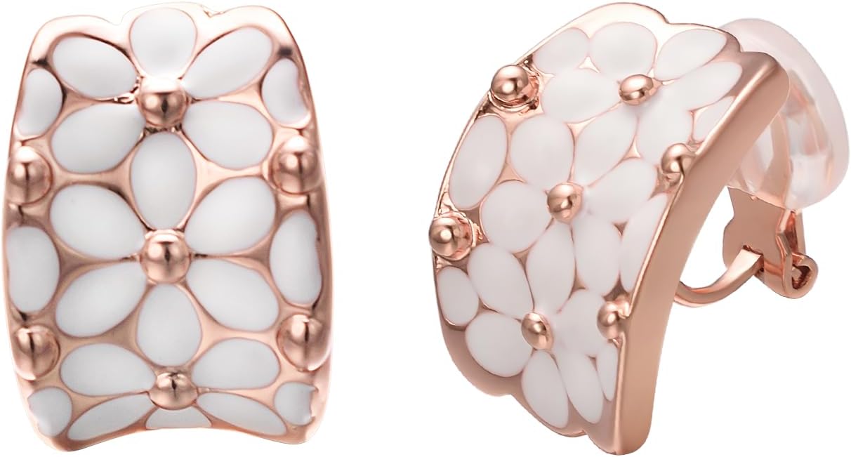 Detalle de Vissen Weiß Blumen Rosegold Ohrclips Damen – Roségold, weiße Blume, 20 mm