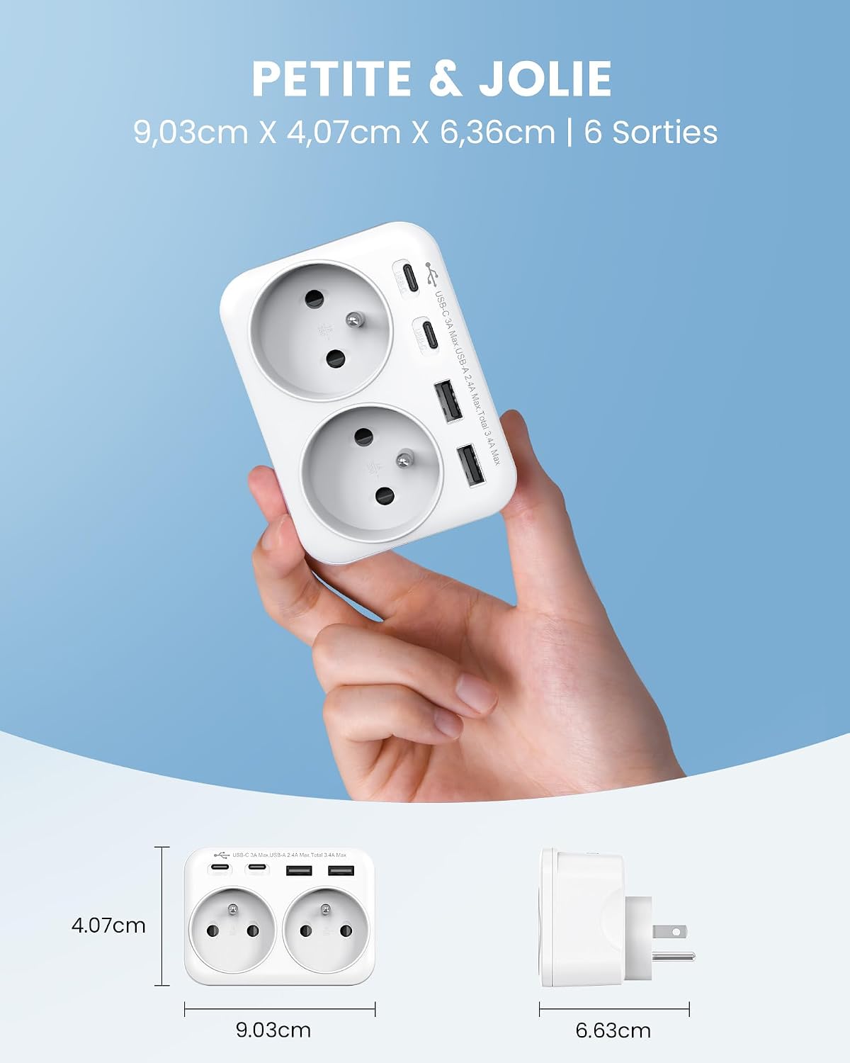 Detalle 2 de LENCENT reisadapter type B met Franse stopcontacten en 2 USB-A- en 2 USB-C-poorten