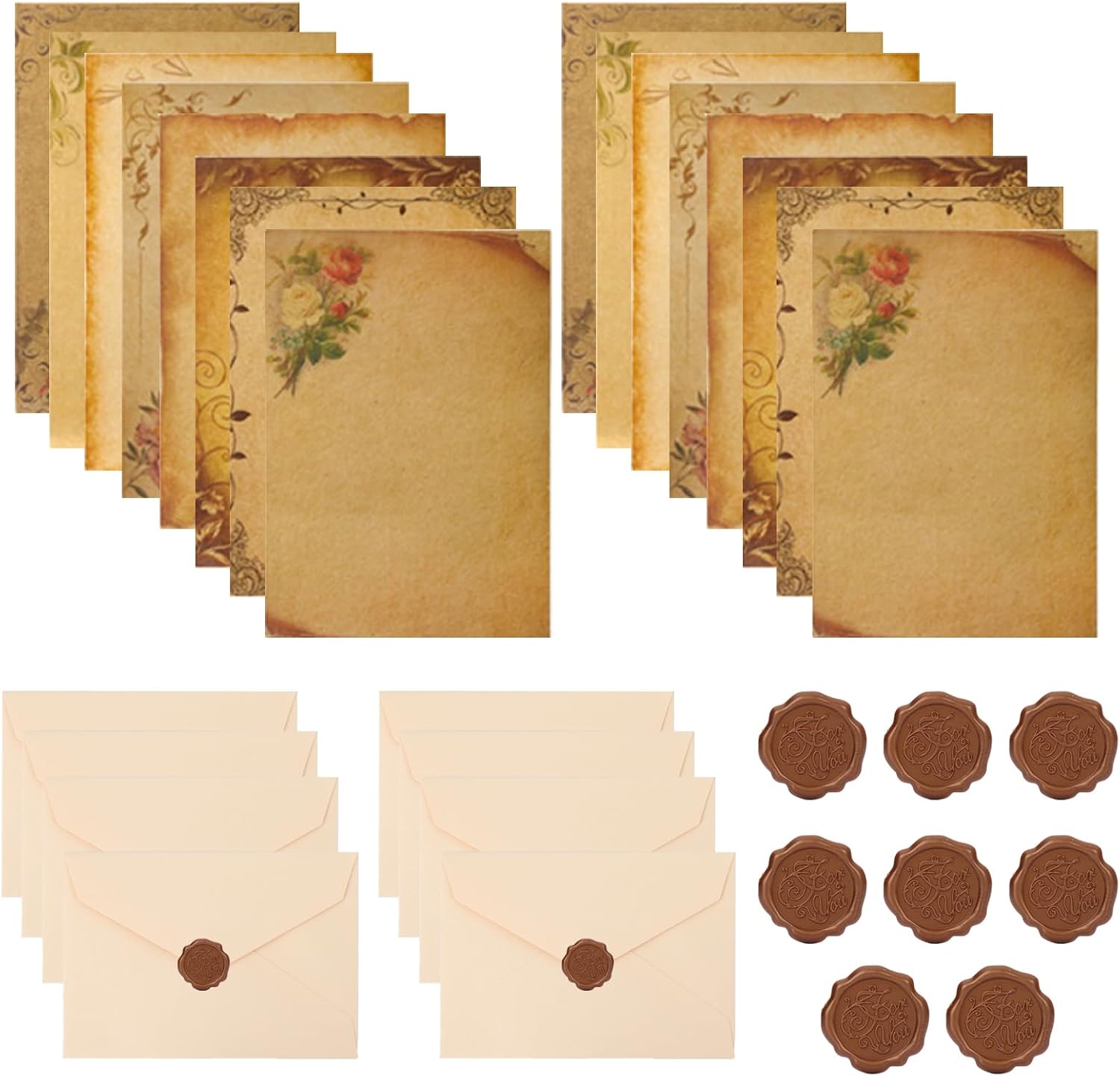 Detalle de Haefan vintage briefpapier A5 met 8 motieven, linnen enveloppen en zegels