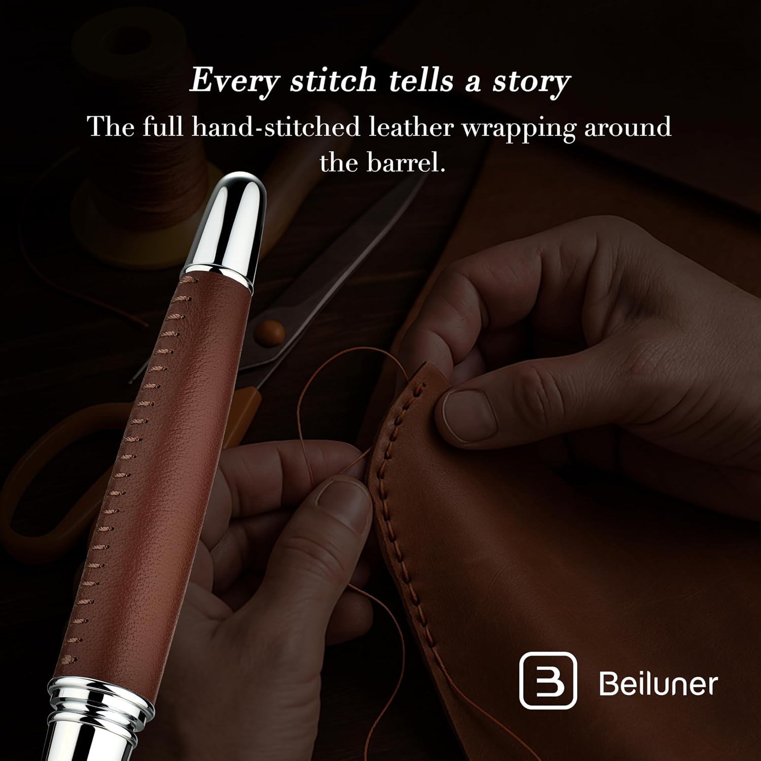 Detalle de BEILUNER 318 Penna rollerball in pelle Marrone 🖋