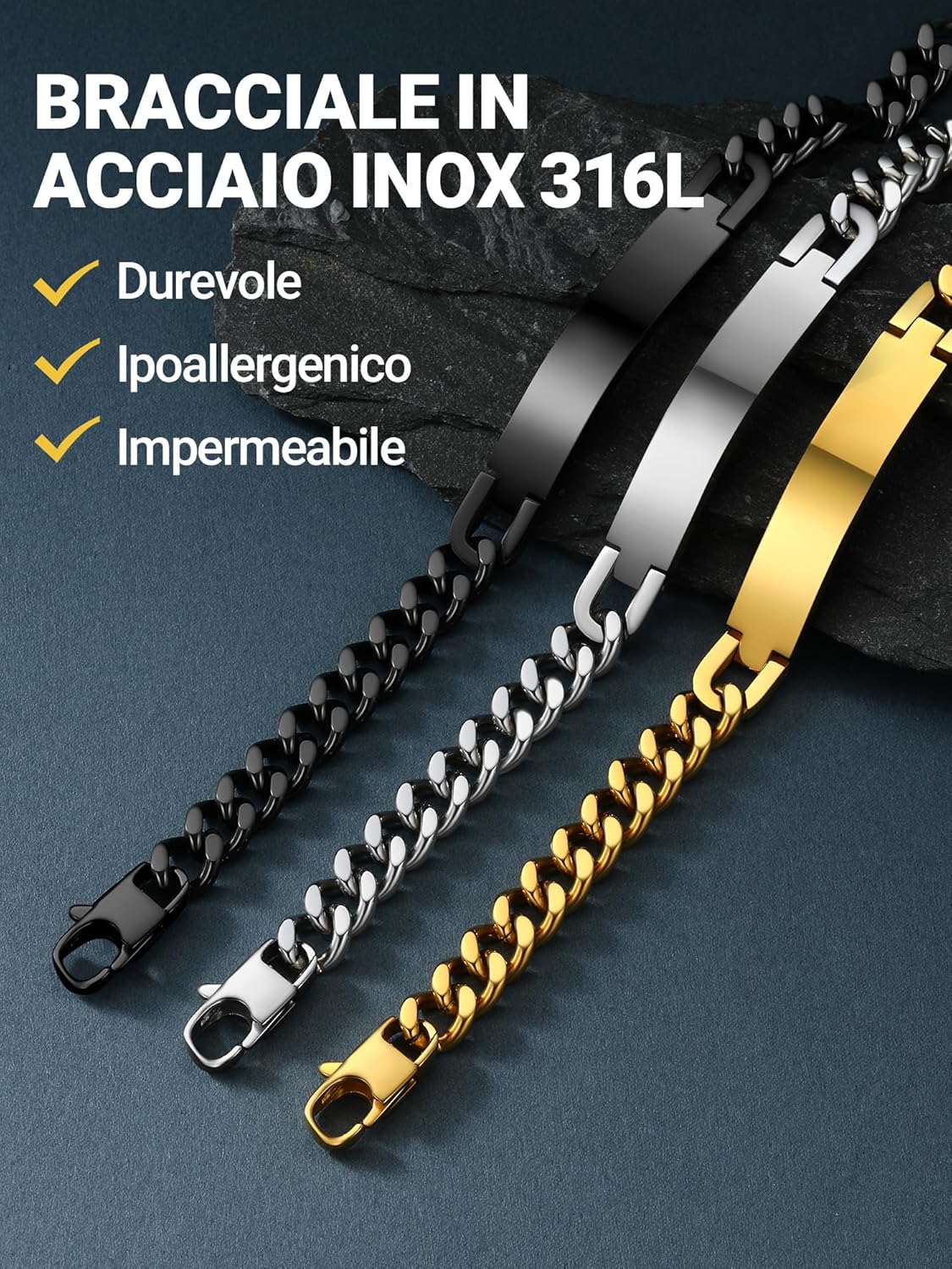 Thumbnail 5 de PROSTEEL Bracciale personalizzato in acciaio 316L con catena cubana e placca orizzontale Argento/Oro/Nero