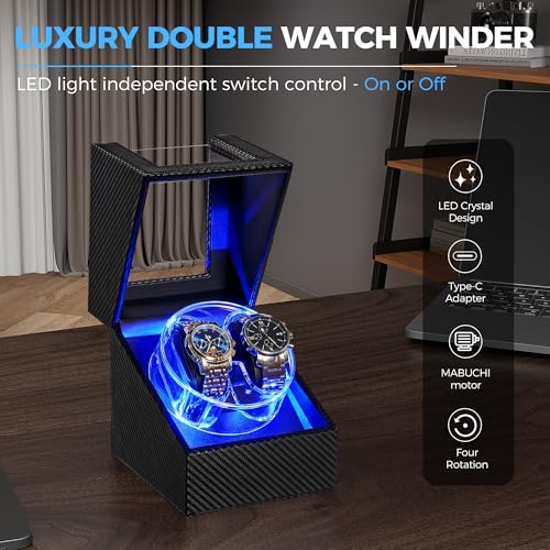 Detalle de ANWBROAD Uhrenbeweger 2 Uhren – LED-Kristall-Design Doppel-Uhrenbox mit leisem Motor
