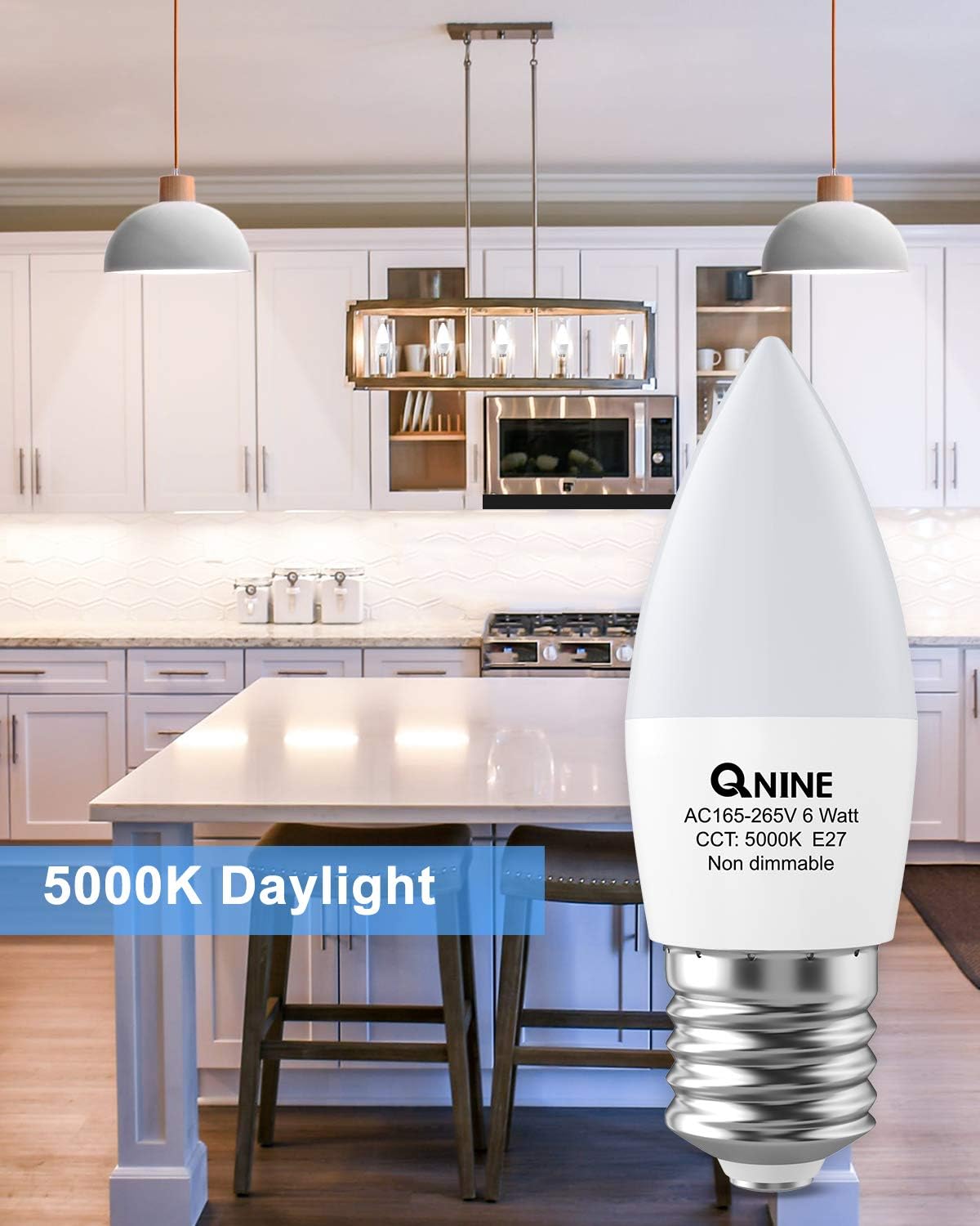 Detalle 2 de QNINE 12-Pack Cool White E27 LED Candle Bulbs, 6W (60W Equivalent), 540lm, 5000K, Non-Dimmable