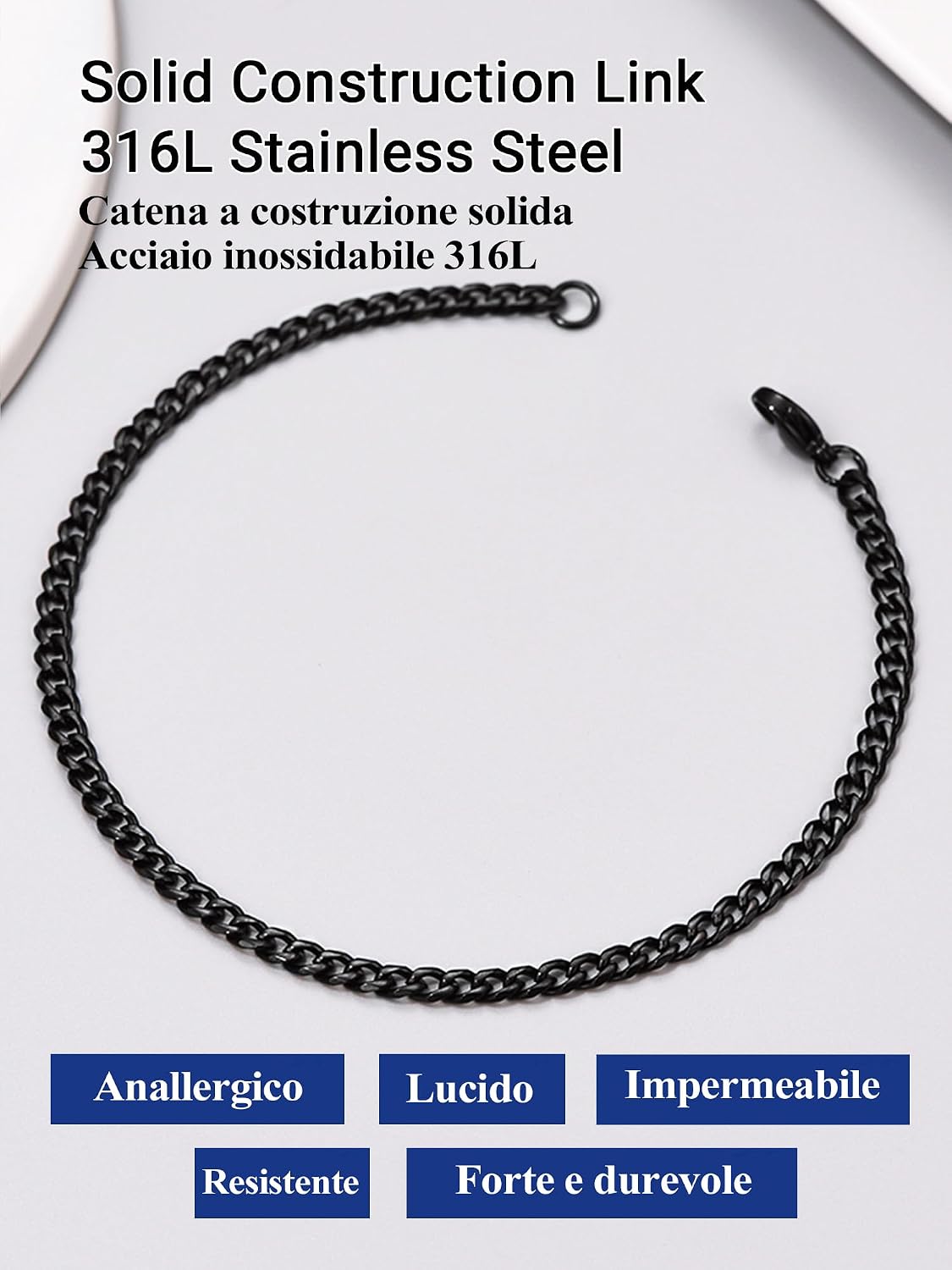 Detalle 2 de PROSTEEL bracciale da uomo a catena cubana in acciaio inox (oro 18K/argento nero), larghezze 3-12 mm e lunghezze 16-21 cm